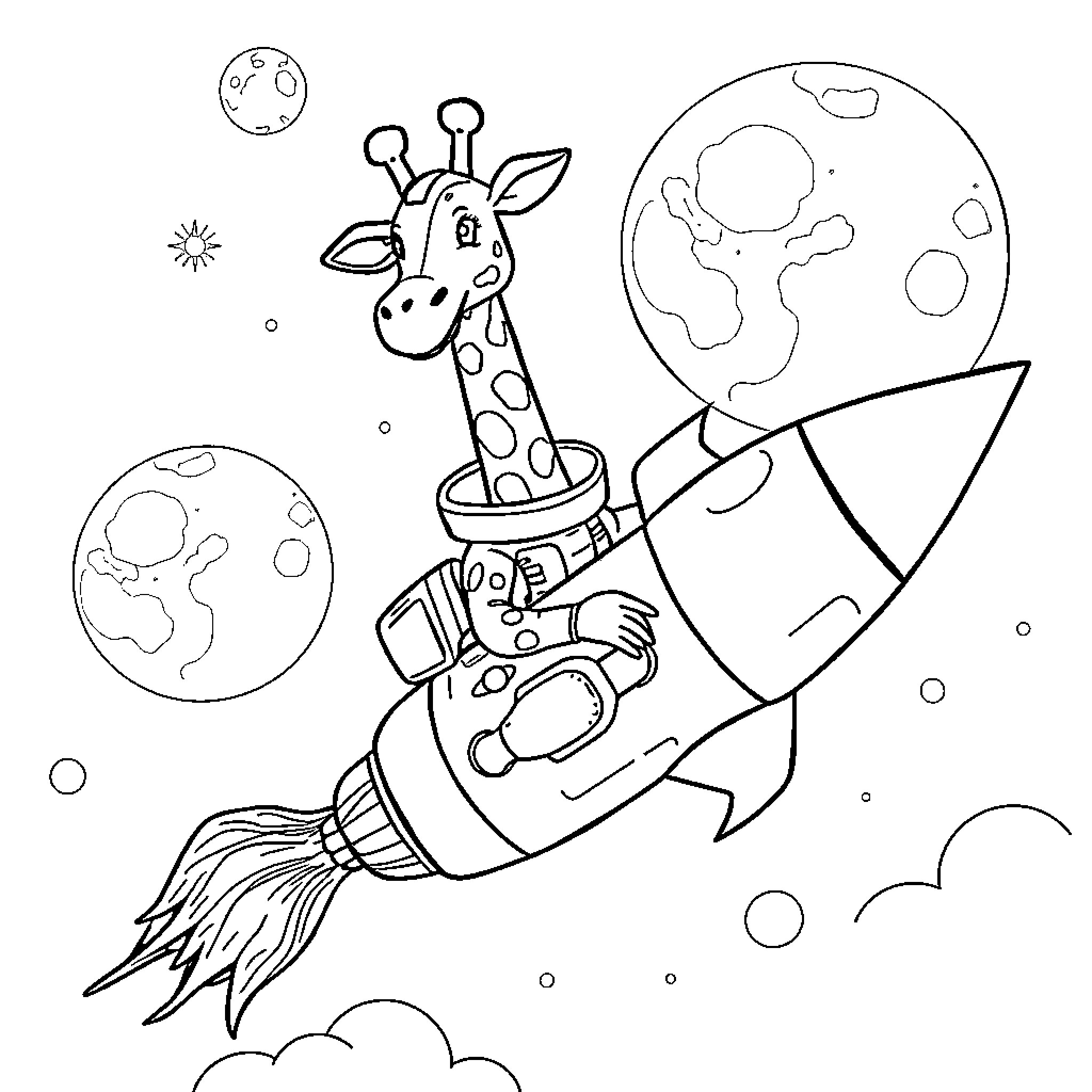 Giraffe riding a rocket through the cosmos Coloring Page (free black-and-white line drawing printable PDF for all, from beginners to advanced learners, including children, teens, adults, and seniors)
