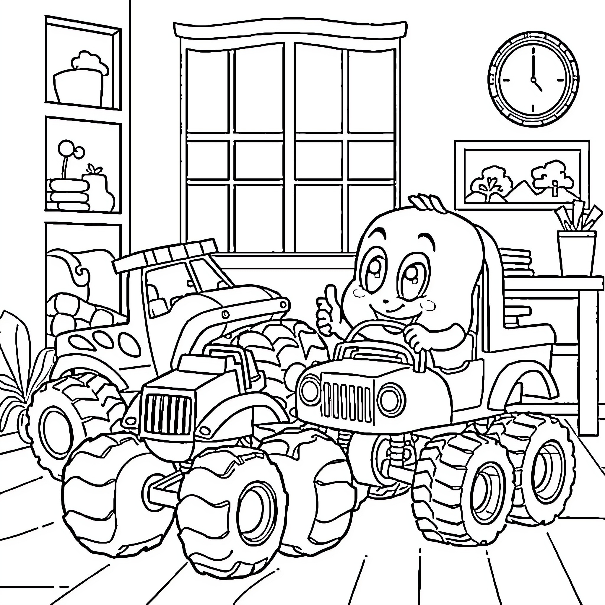 Blippy's Playful Monster Truck Adventure Coloring Page (free black-and-white line drawing printable PDF for all, from beginners to advanced learners, including children, teens, adults, and seniors)