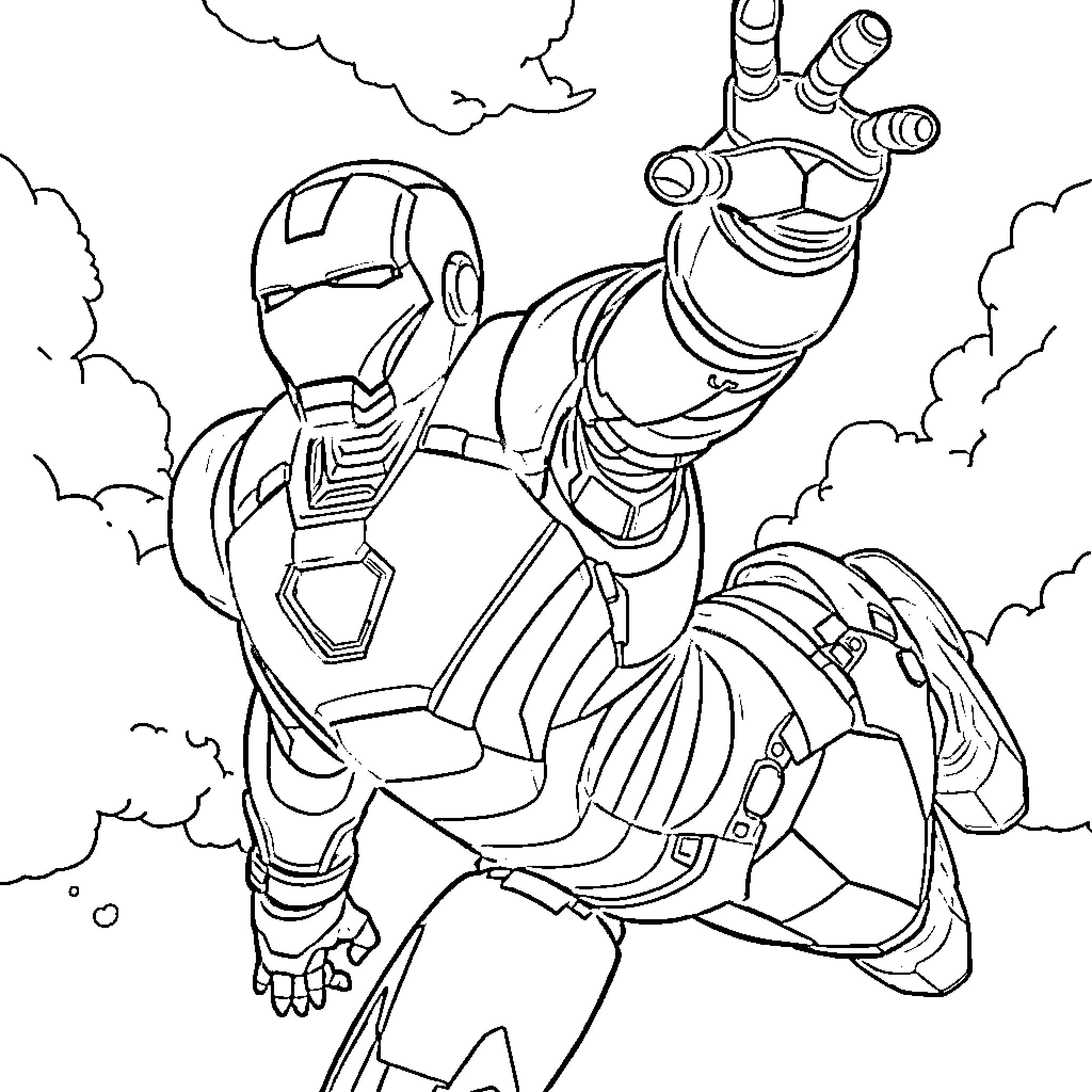 Iron Man preparing for action in the sky Coloring Page (free black-and-white line drawing printable PDF for all, from beginners to advanced learners, including children, teens, adults, and seniors)