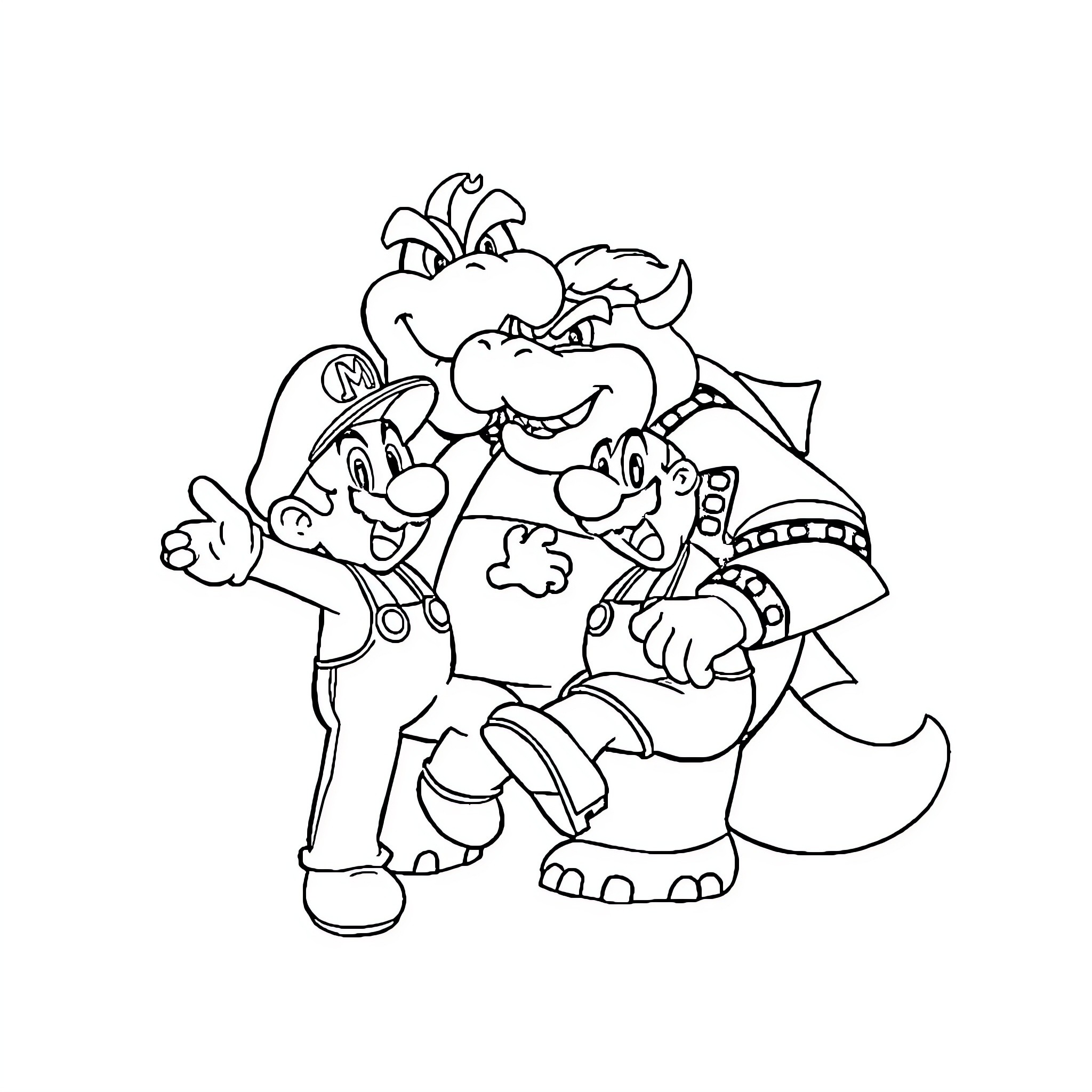Mario and friends in playful poses Coloring Page (free black-and-white line drawing printable PDF for all, from beginners to advanced learners, including children, teens, adults, and seniors)