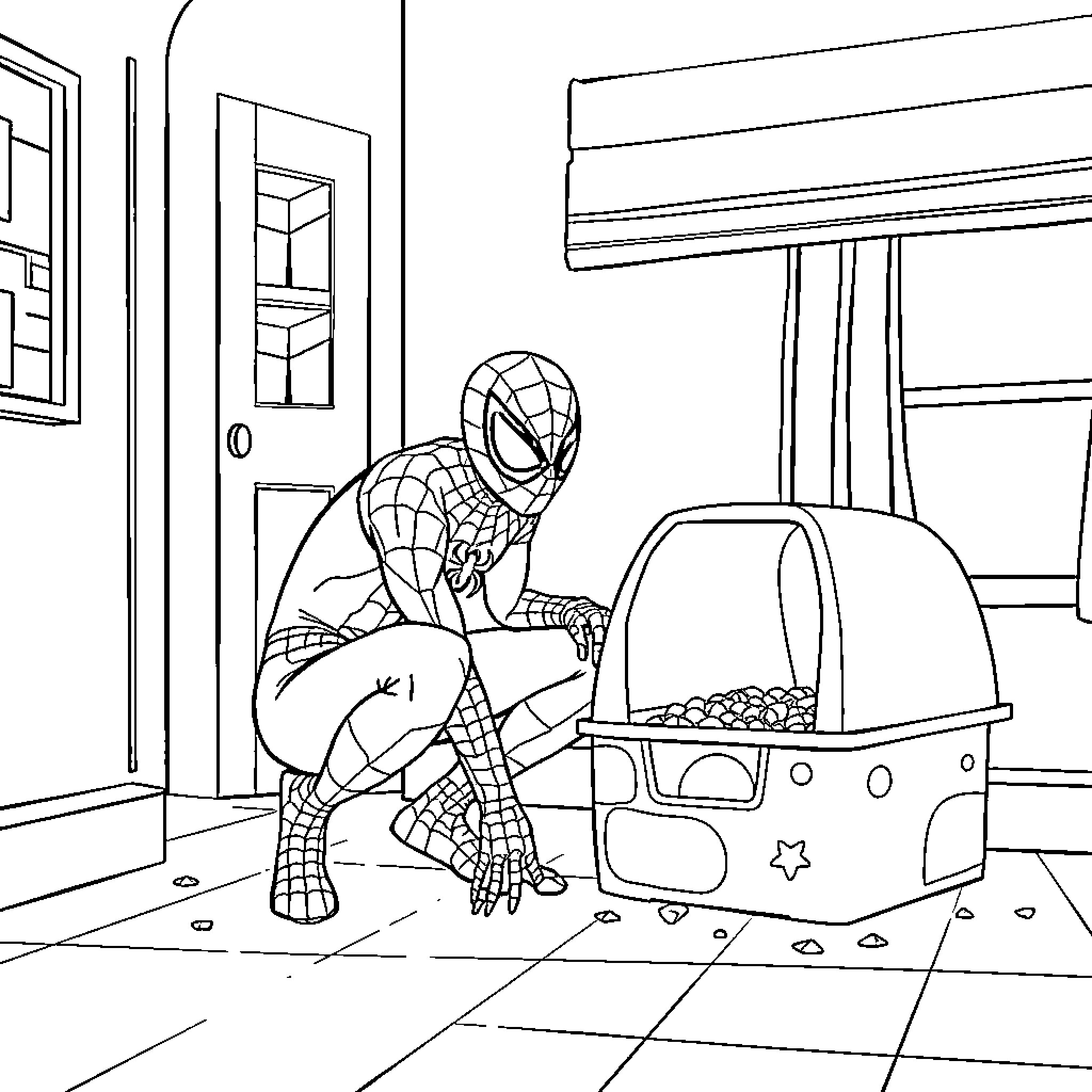 Spider-Man preparing a meal in the kitchen Coloring Page (free black-and-white line drawing printable PDF for all, from beginners to advanced learners, including children, teens, adults, and seniors)