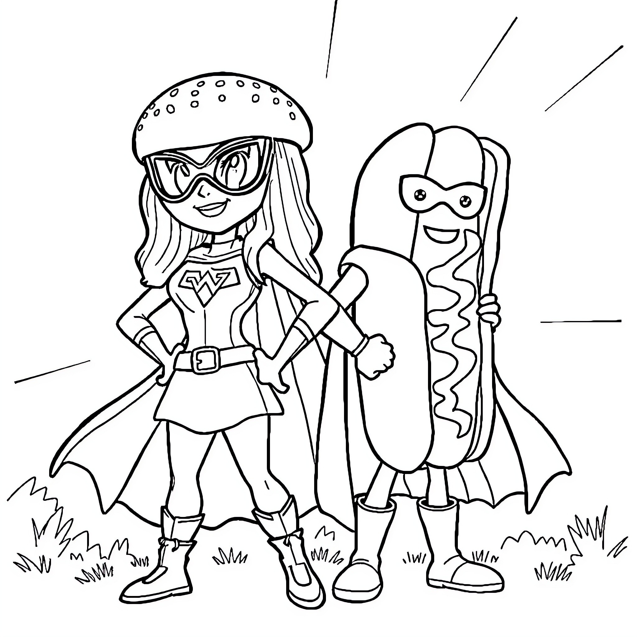 Hamburger superhero duo in adventure gear Coloring Page (free black-and-white line drawing printable PDF for all, from beginners to advanced learners, including children, teens, adults, and seniors)