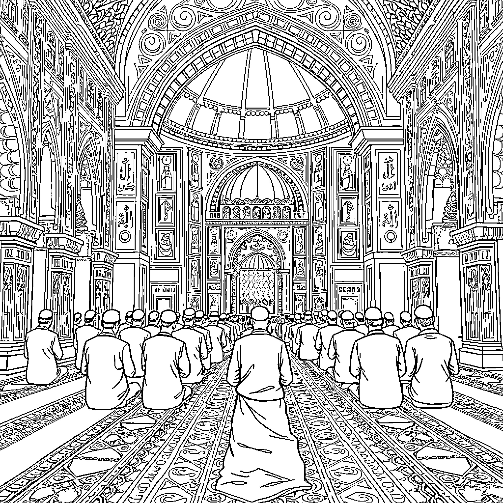 People praying in an ornate religious building Coloring Page (free black-and-white line drawing printable PDF for all, from beginners to advanced learners, including children, teens, adults, and seniors)