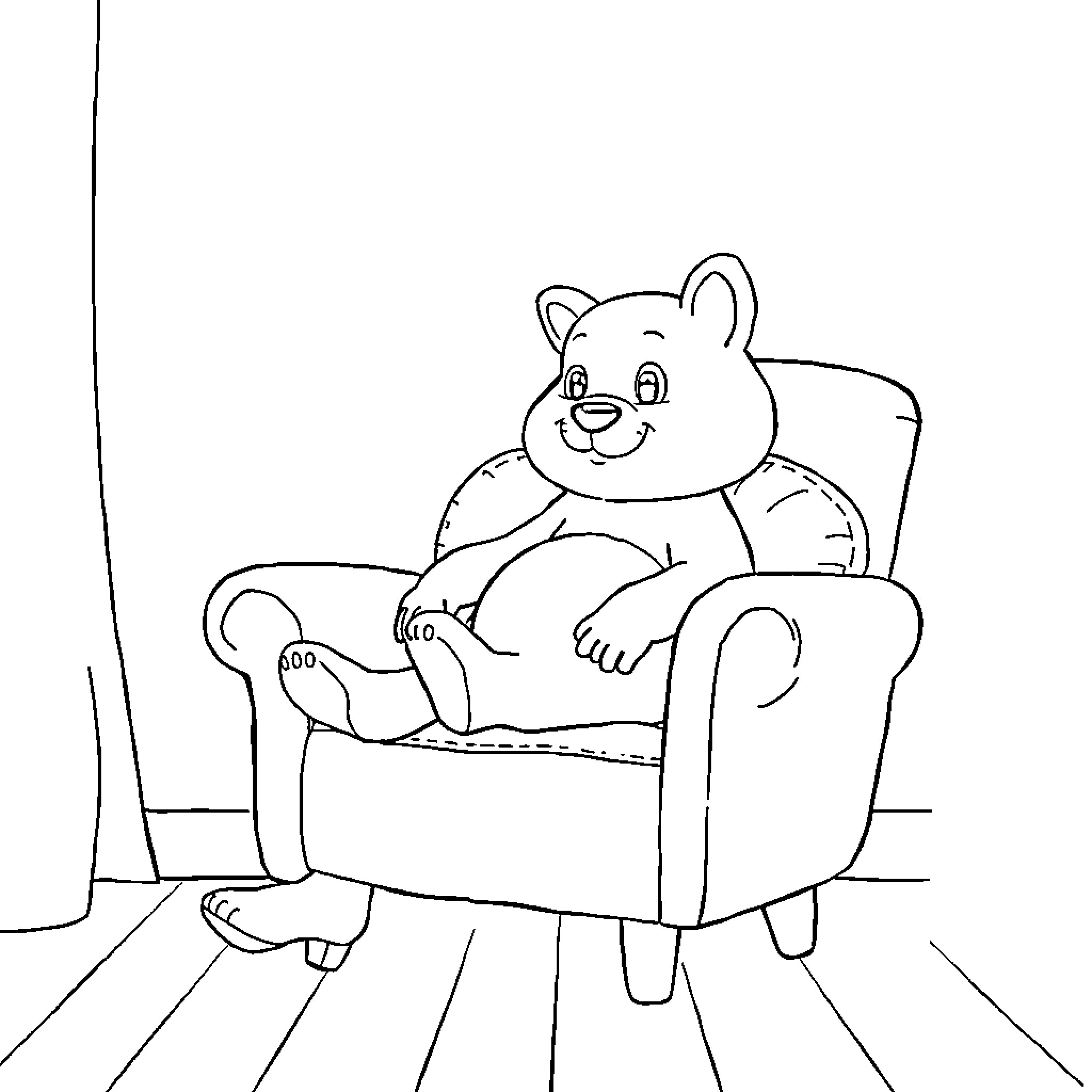 Beku resting comfortably in armchair Coloring Page (free black-and-white line drawing printable PDF for all, from beginners to advanced learners, including children, teens, adults, and seniors)