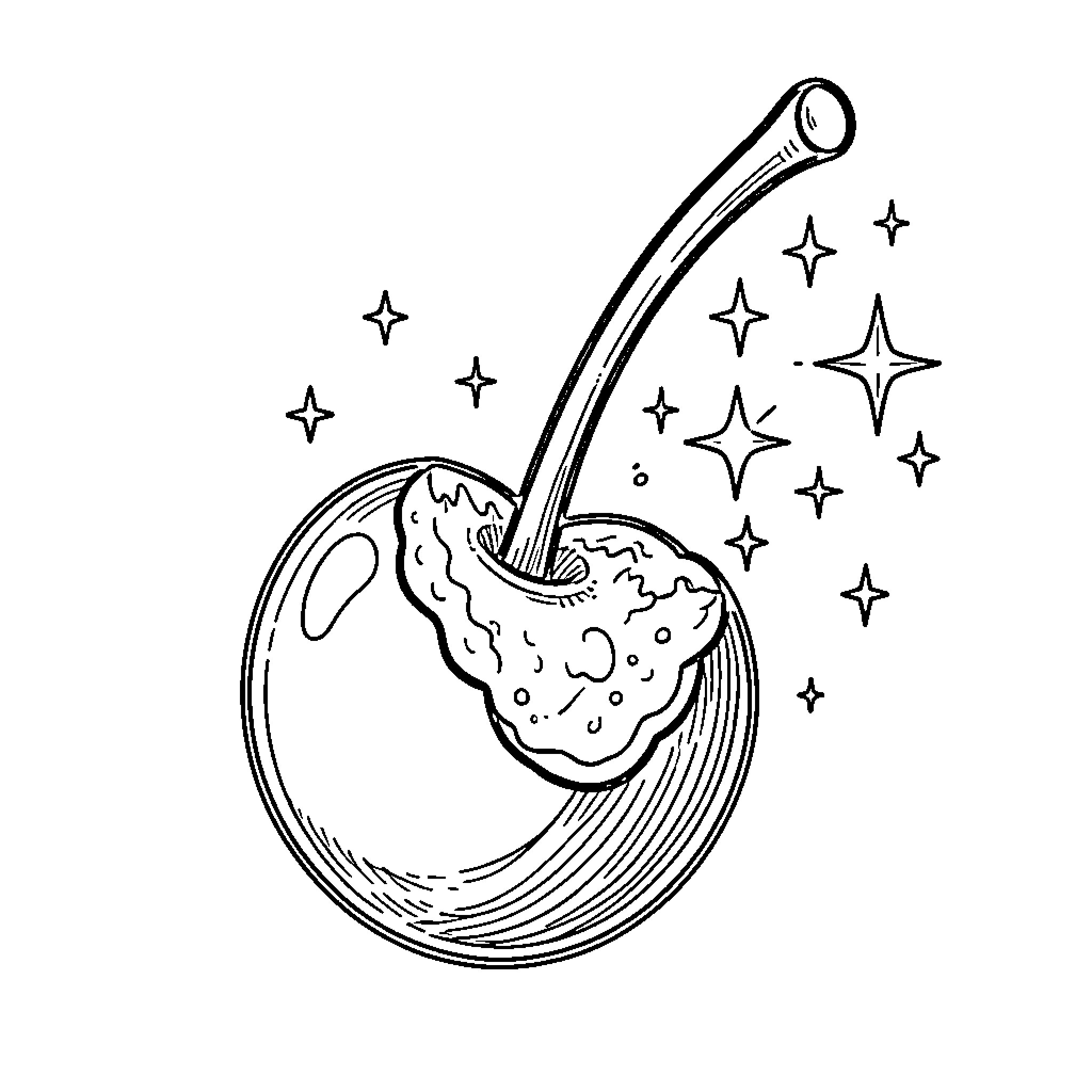 Ciliegia - Whimsical Celestial Cherries Coloring Page (free black-and-white line drawing printable PDF for all, from beginners to advanced learners, including children, teens, adults, and seniors)