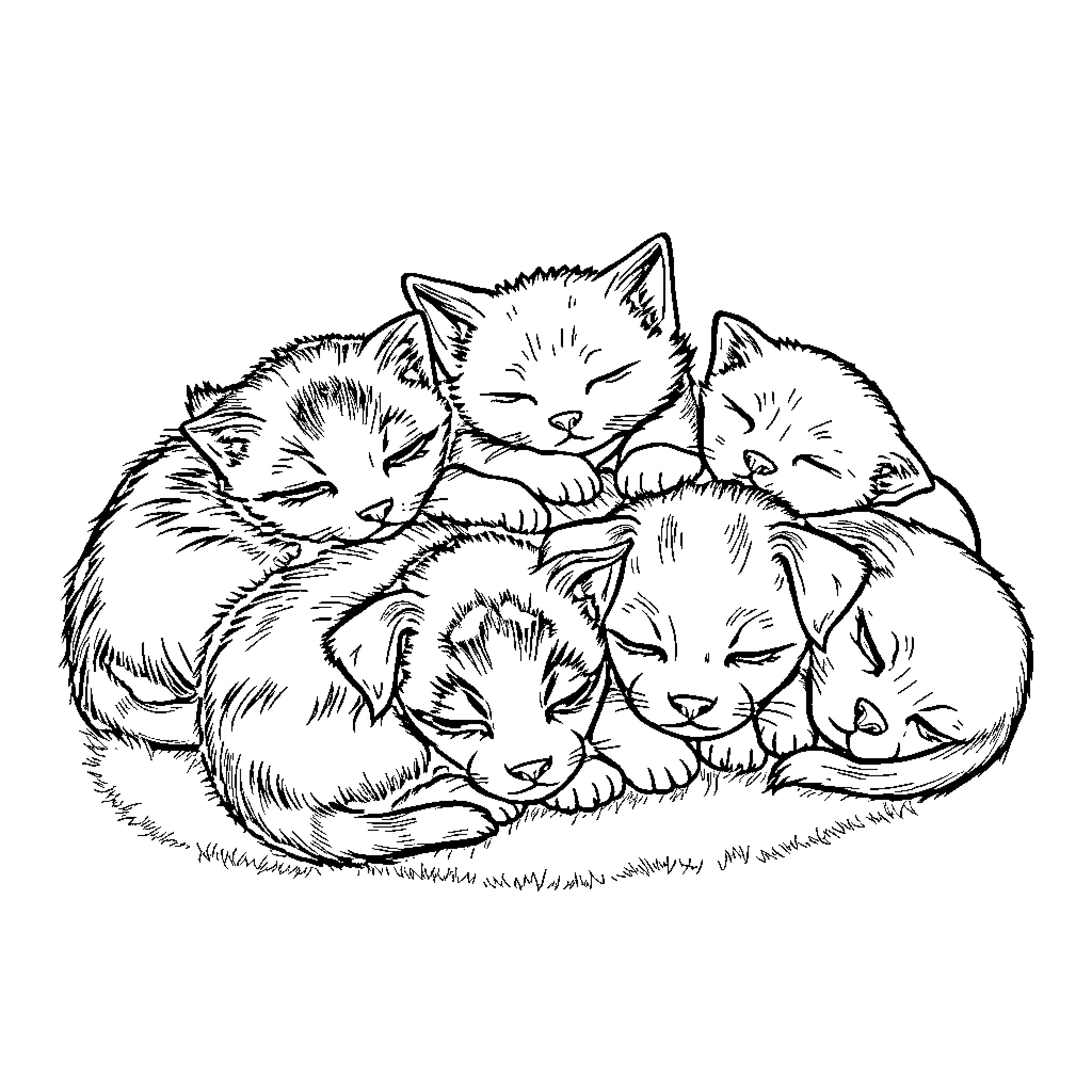 Kitty Cuddle Pile Coloring Page (free black-and-white line drawing printable PDF for all, from beginners to advanced learners, including children, teens, adults, and seniors)