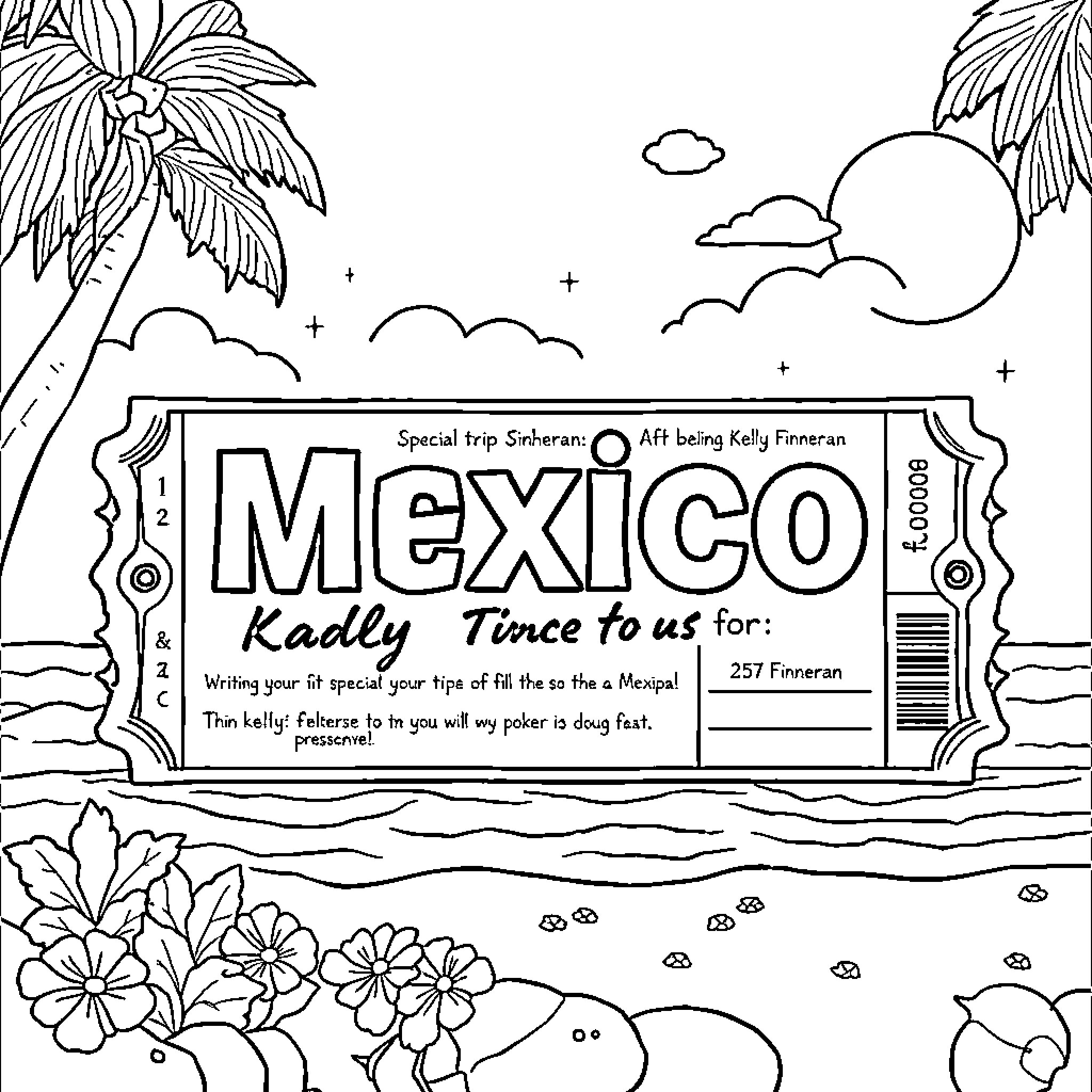 Coupon for a Special Trip to Mexico Coloring Page (free black-and-white line drawing printable PDF for all, from beginners to advanced learners, including children, teens, adults, and seniors)