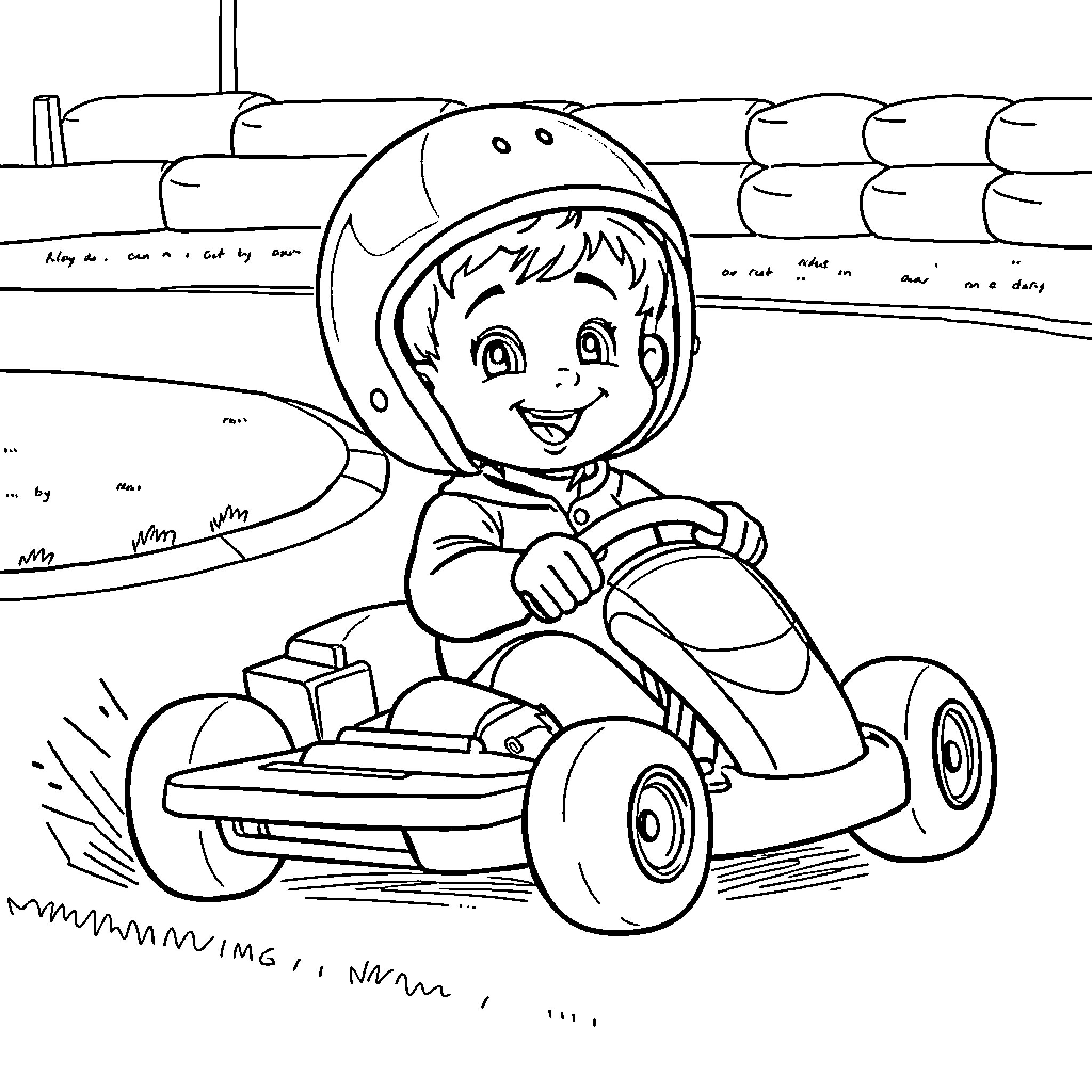 Boy happily driving his toy vehicle Coloring Page (free black-and-white line drawing printable PDF for all, from beginners to advanced learners, including children, teens, adults, and seniors)