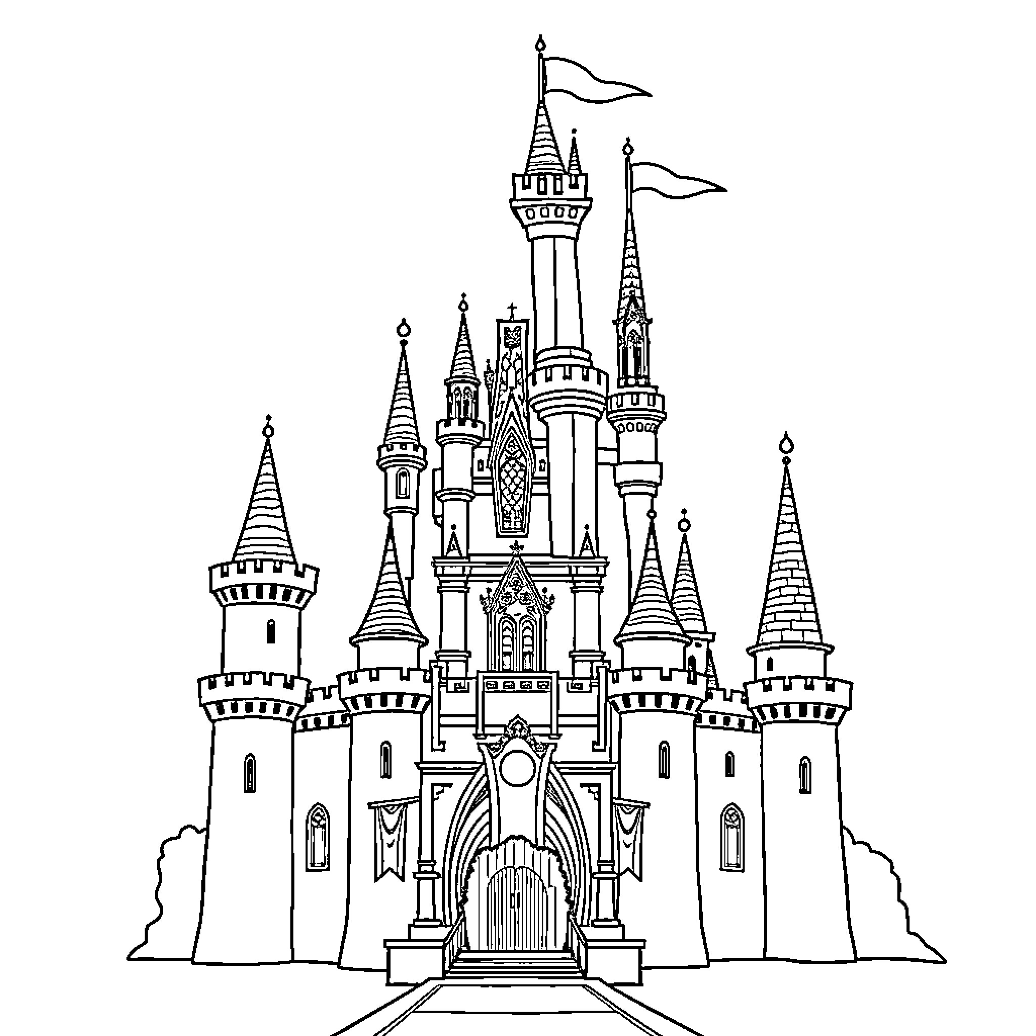 Castle of Enchanting Spires and Turrets Coloring Page (free black-and-white line drawing printable PDF for all, from beginners to advanced learners, including children, teens, adults, and seniors)
