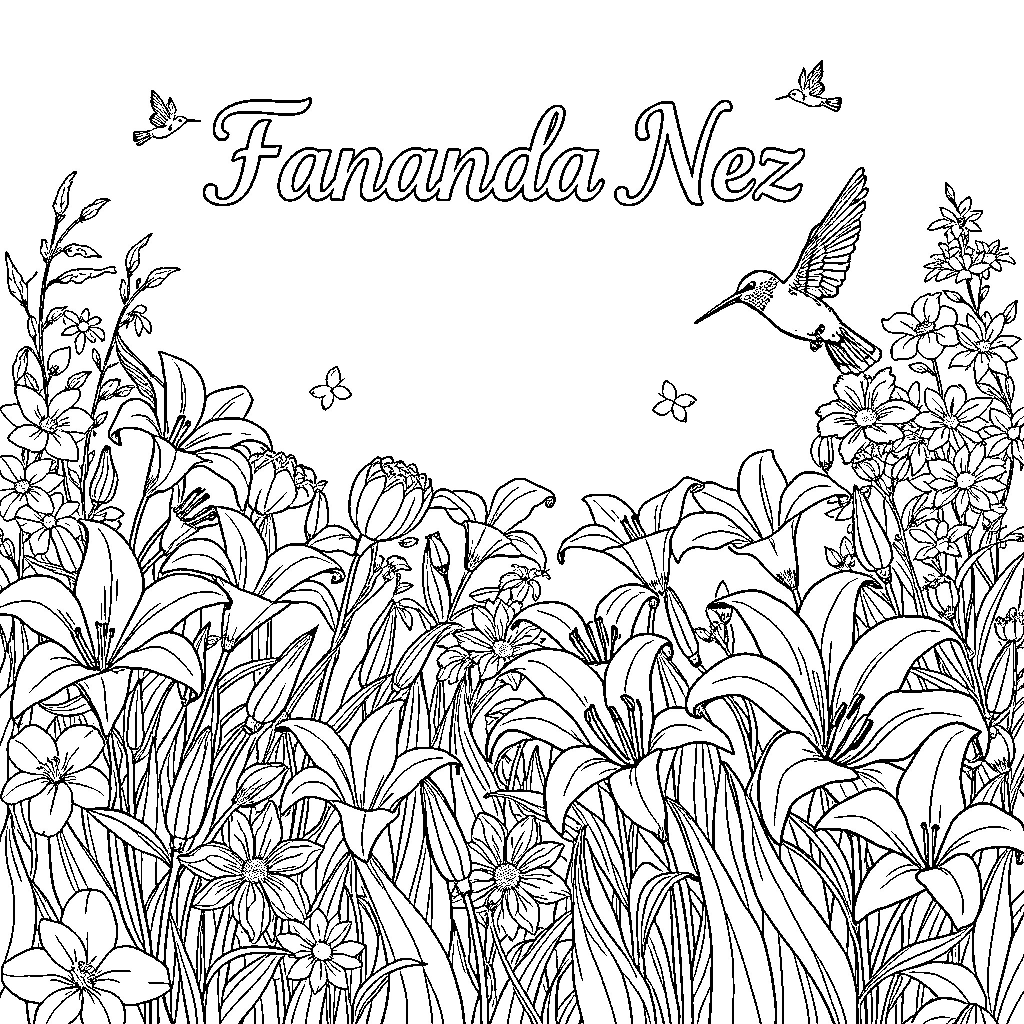 Lily's Magical Garden with Butterflies and Hummingbirds Coloring Page (free black-and-white line drawing printable PDF for all, from beginners to advanced learners, including children, teens, adults, and seniors)