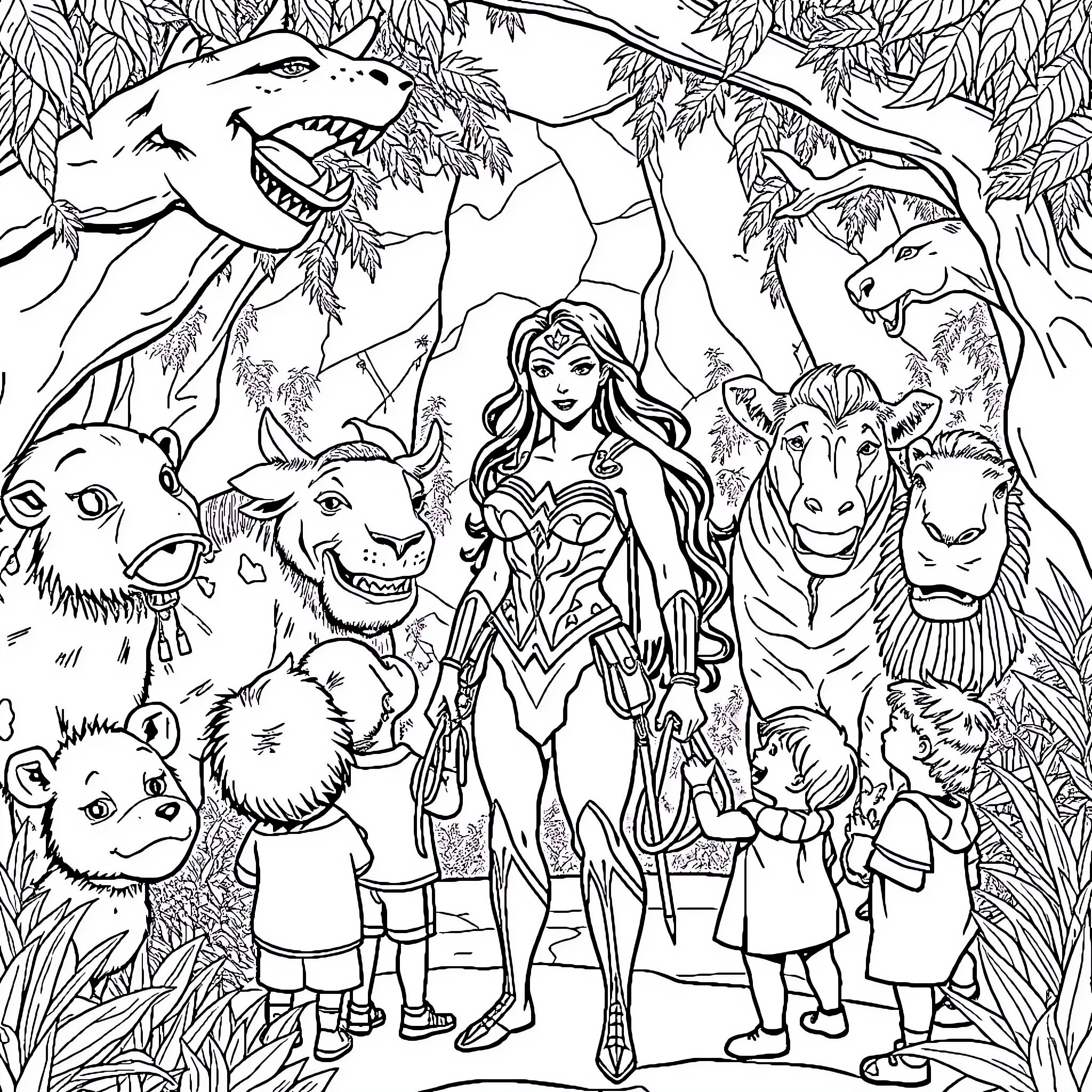Wonder Woman leads a group of friends through the jungle Coloring Page (free black-and-white line drawing printable PDF for all, from beginners to advanced learners, including children, teens, adults, and seniors)