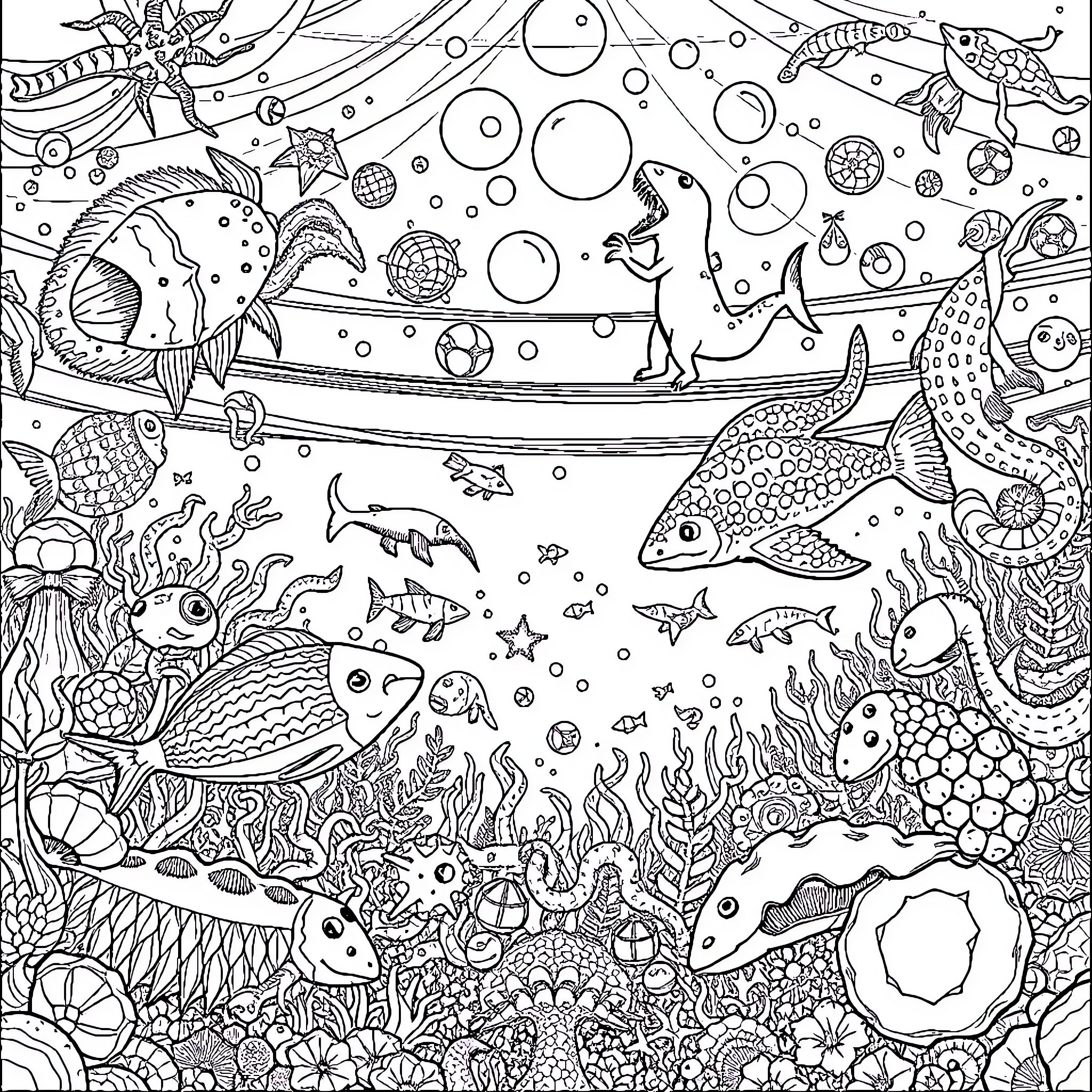 Cambrian Explosion of Vibrant Aquatic Creatures Coloring Page (free black-and-white line drawing printable PDF for all, from beginners to advanced learners, including children, teens, adults, and seniors)