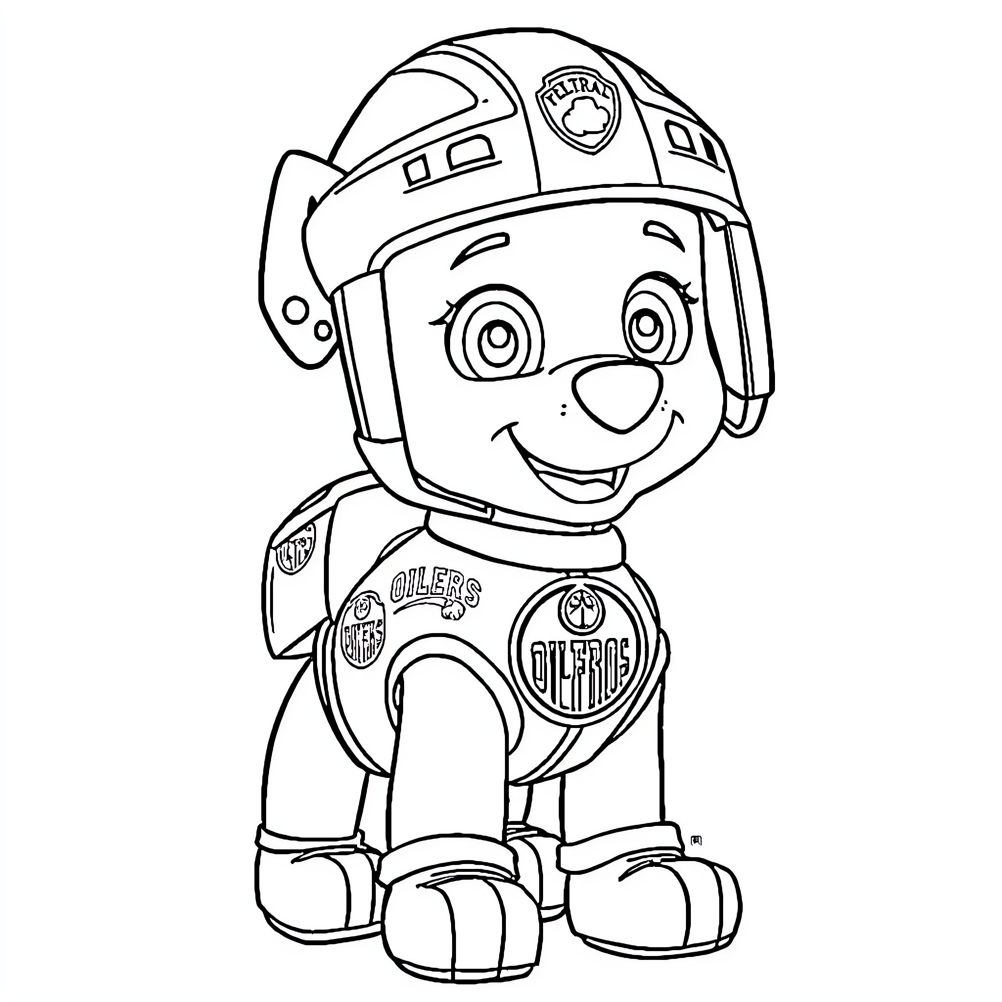 Paw Patrol Puppy in Uniform Smiling Coloring Page (free black-and-white line drawing printable PDF for all, from beginners to advanced learners, including children, teens, adults, and seniors)