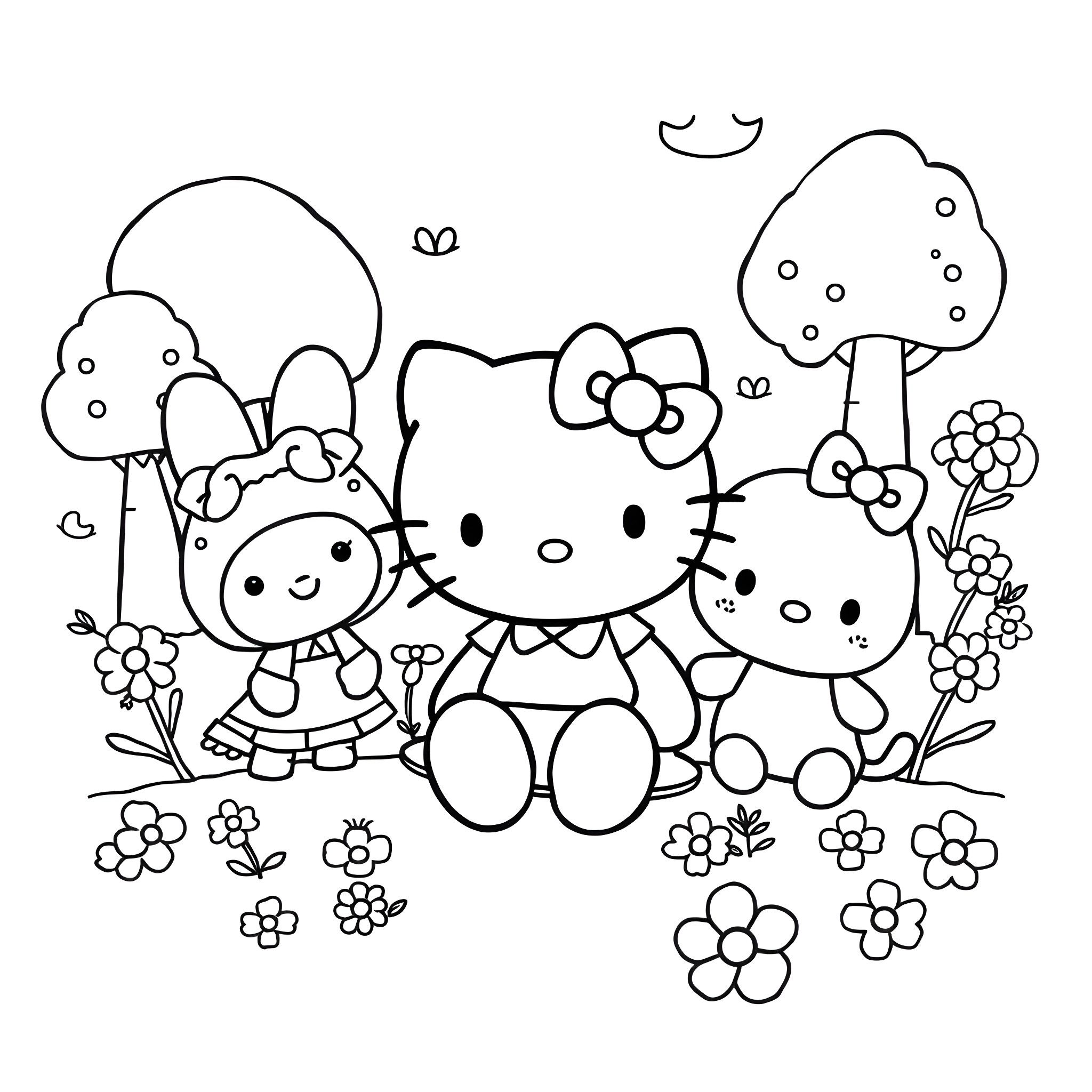 Hello Kitty and friends enjoying nature together Coloring Page (free black-and-white line drawing printable PDF for all, from beginners to advanced learners, including children, teens, adults, and seniors)