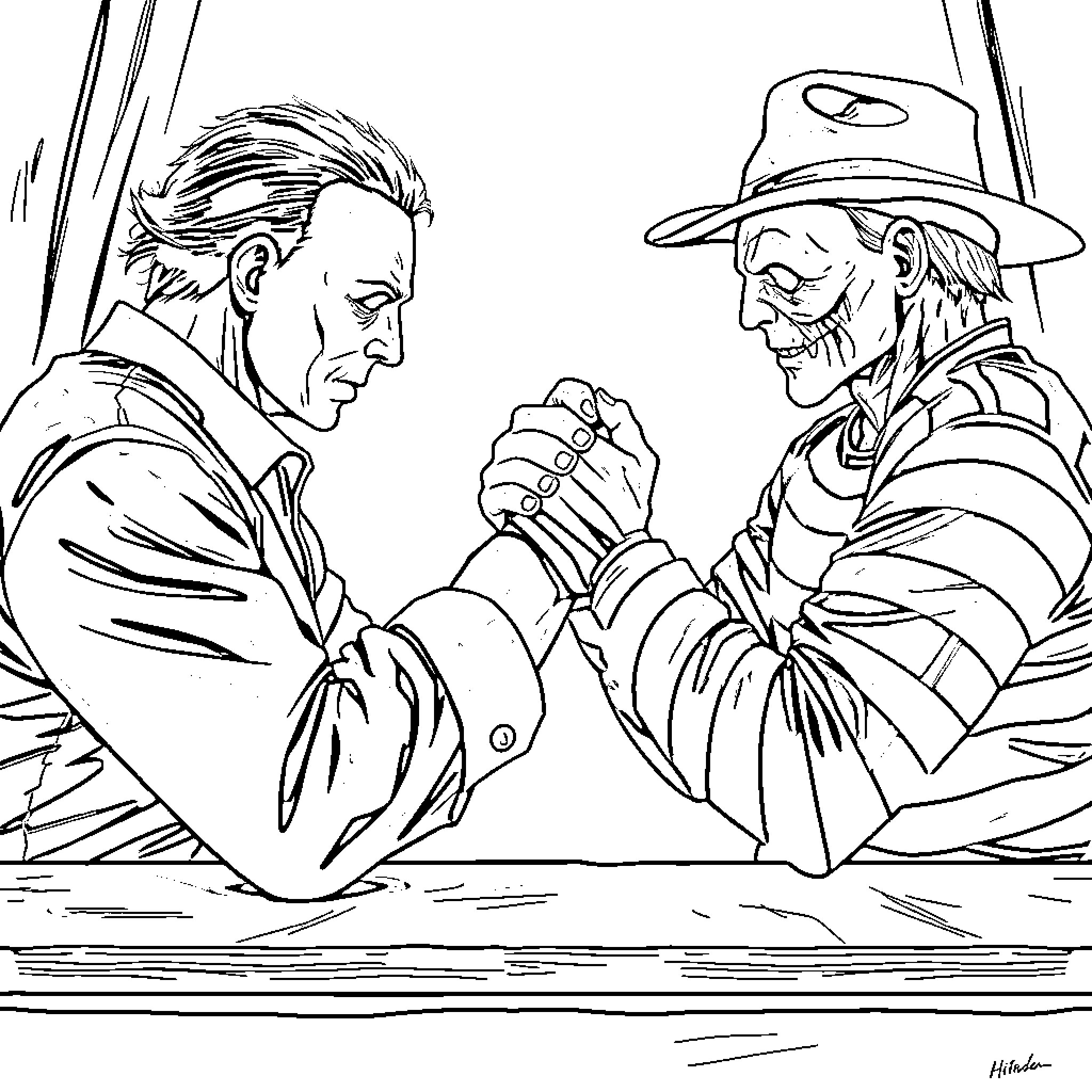 Michael Myers Locked in a Tense Showdown Coloring Page (free black-and-white line drawing printable PDF for all, from beginners to advanced learners, including children, teens, adults, and seniors)