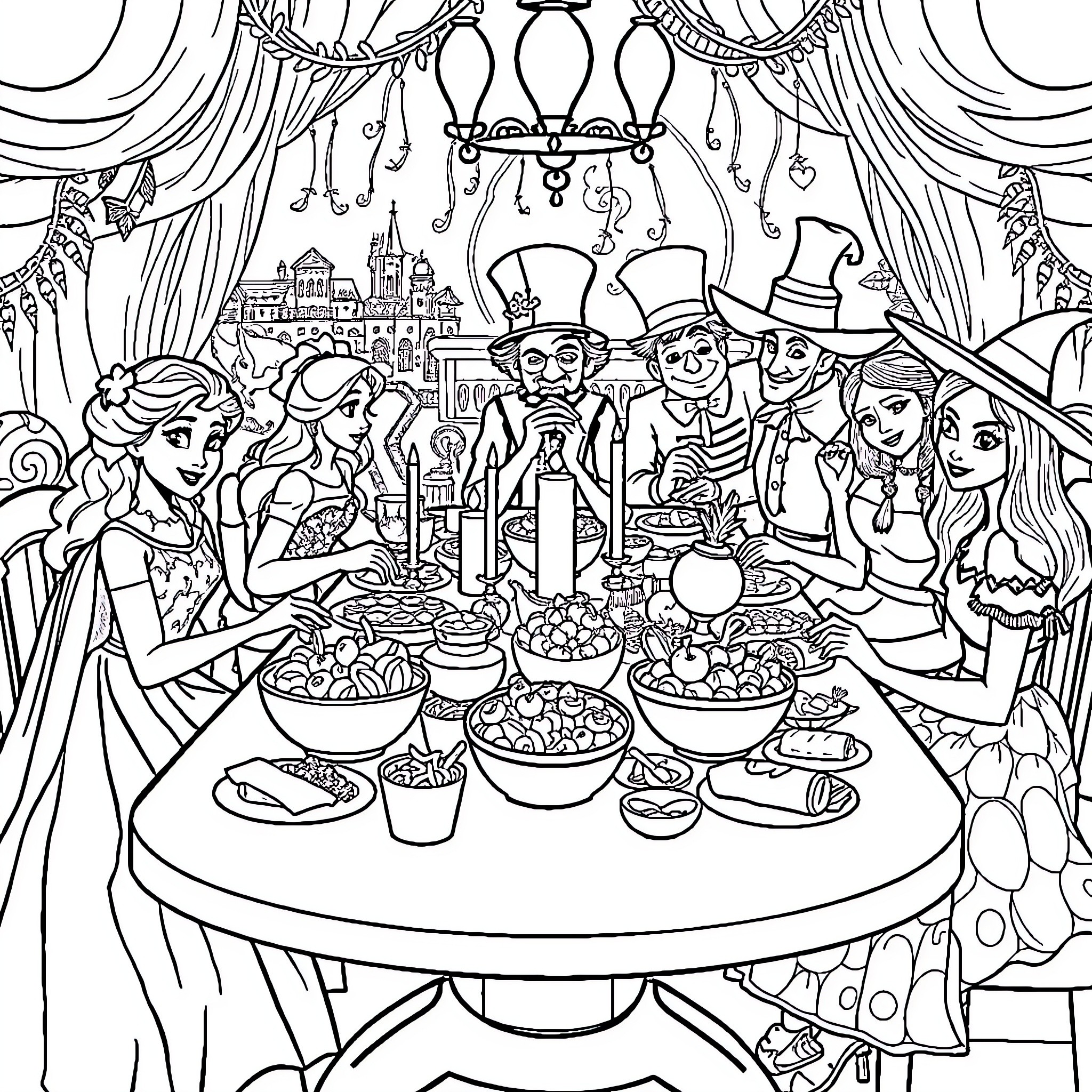 Characters Enjoying a Festive Feast Together Coloring Page (free black-and-white line drawing printable PDF for all, from beginners to advanced learners, including children, teens, adults, and seniors)