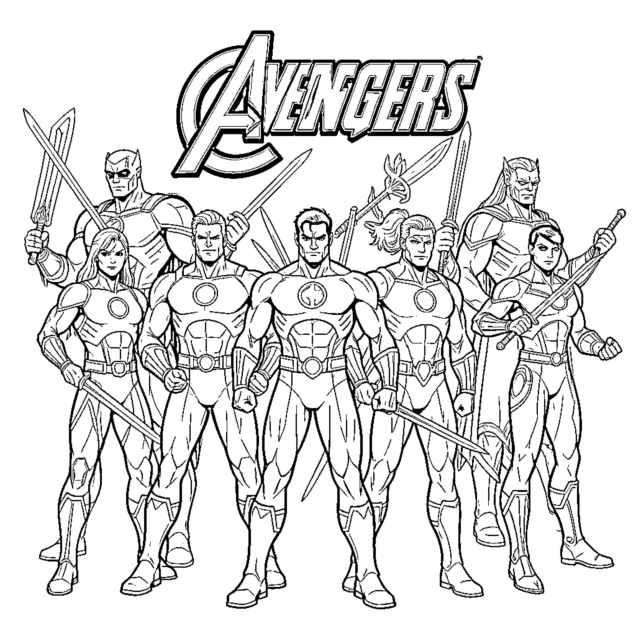 Avengers Assembled in Epic Superhero Poses Coloring Page (free black-and-white line drawing printable PDF for all, from beginners to advanced learners, including children, teens, adults, and seniors)