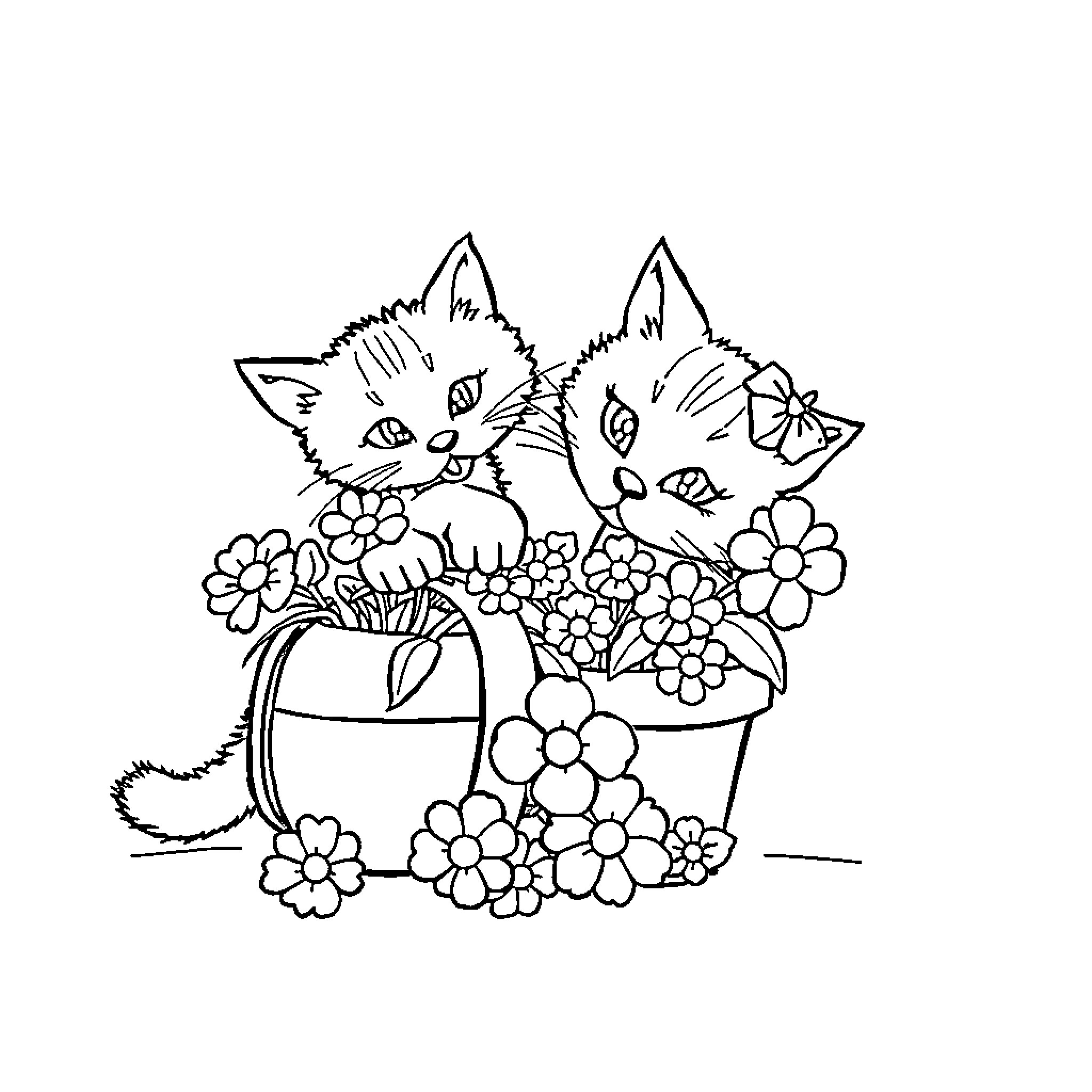 Cats surrounded by colorful flowers in pots Coloring Page (free black-and-white line drawing printable PDF for all, from beginners to advanced learners, including children, teens, adults, and seniors)