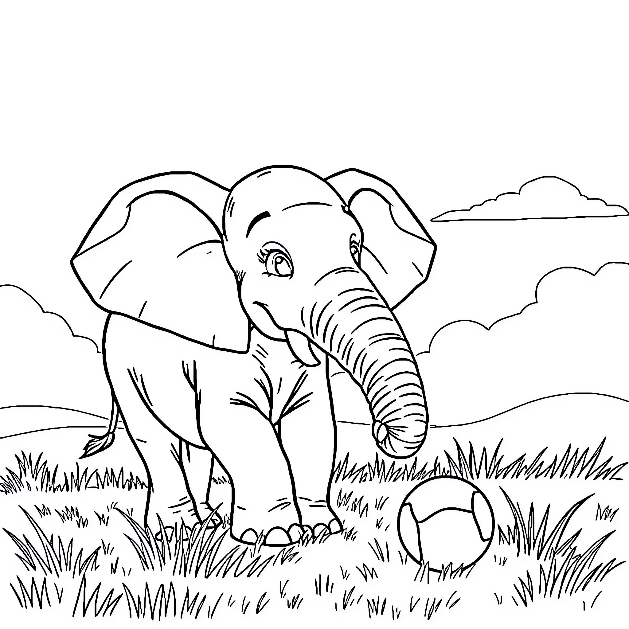 Elephant walking in the grasslands Coloring Page (free black-and-white line drawing printable PDF for all, from beginners to advanced learners, including children, teens, adults, and seniors)