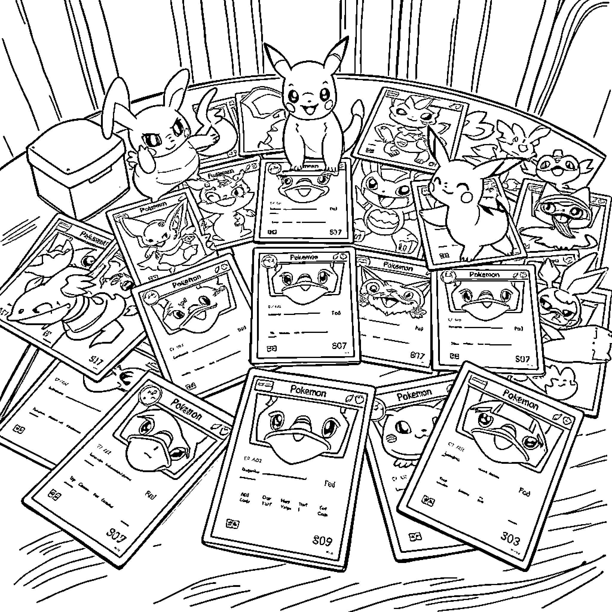 Pokémon Trading Cards and Characters Gathered Together Coloring Page (free black-and-white line drawing printable PDF for all, from beginners to advanced learners, including children, teens, adults, and seniors)