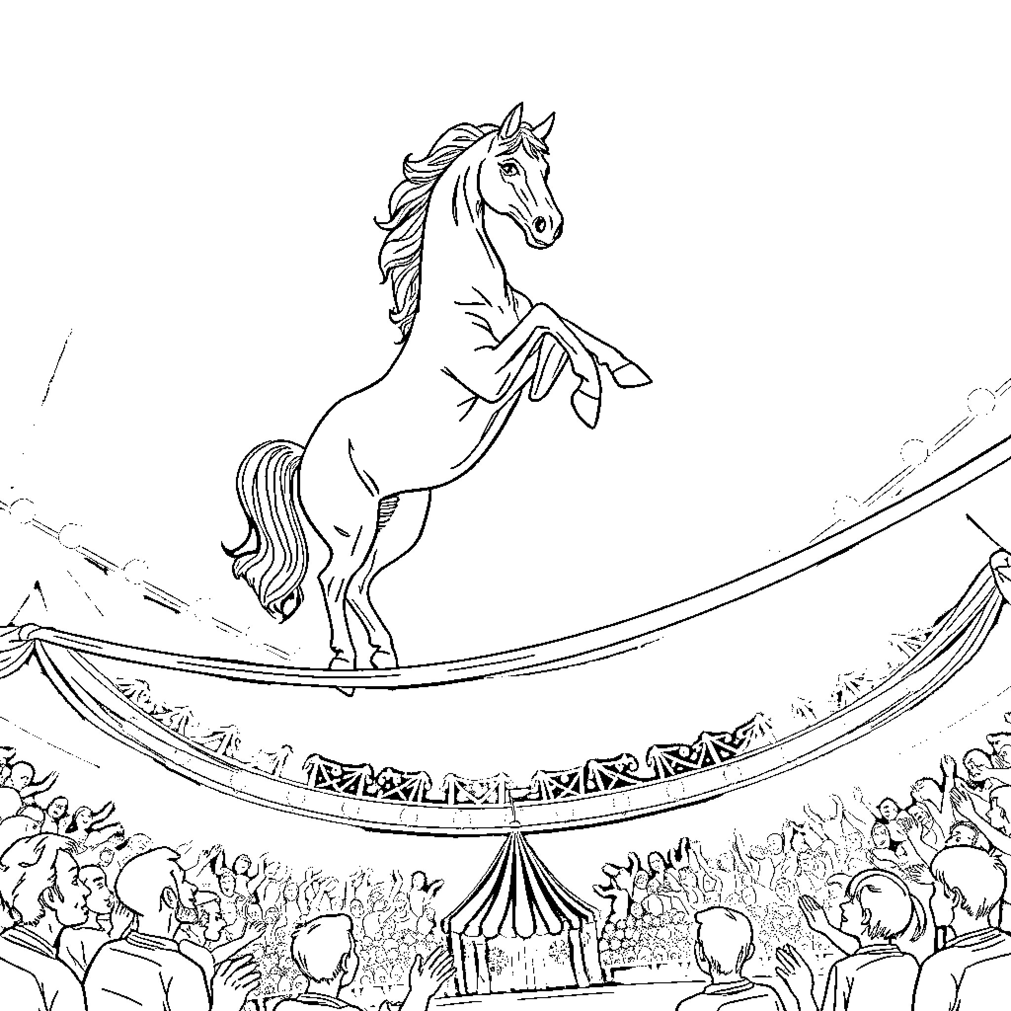 Horse performing acrobatic stunts in a circus arena Coloring Page (free black-and-white line drawing printable PDF for all, from beginners to advanced learners, including children, teens, adults, and seniors)