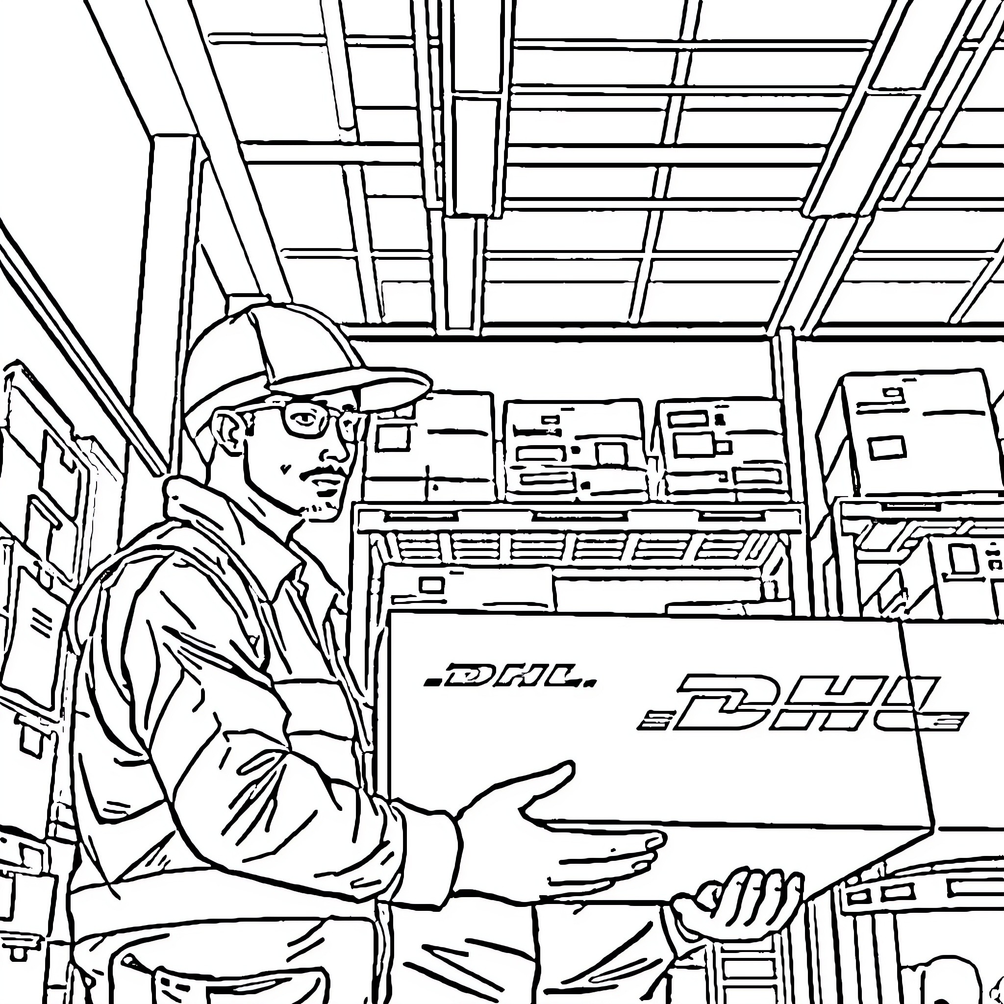 Team Lead Overseeing Warehouse Operations Coloring Page (free black-and-white line drawing printable PDF for all, from beginners to advanced learners, including children, teens, adults, and seniors)