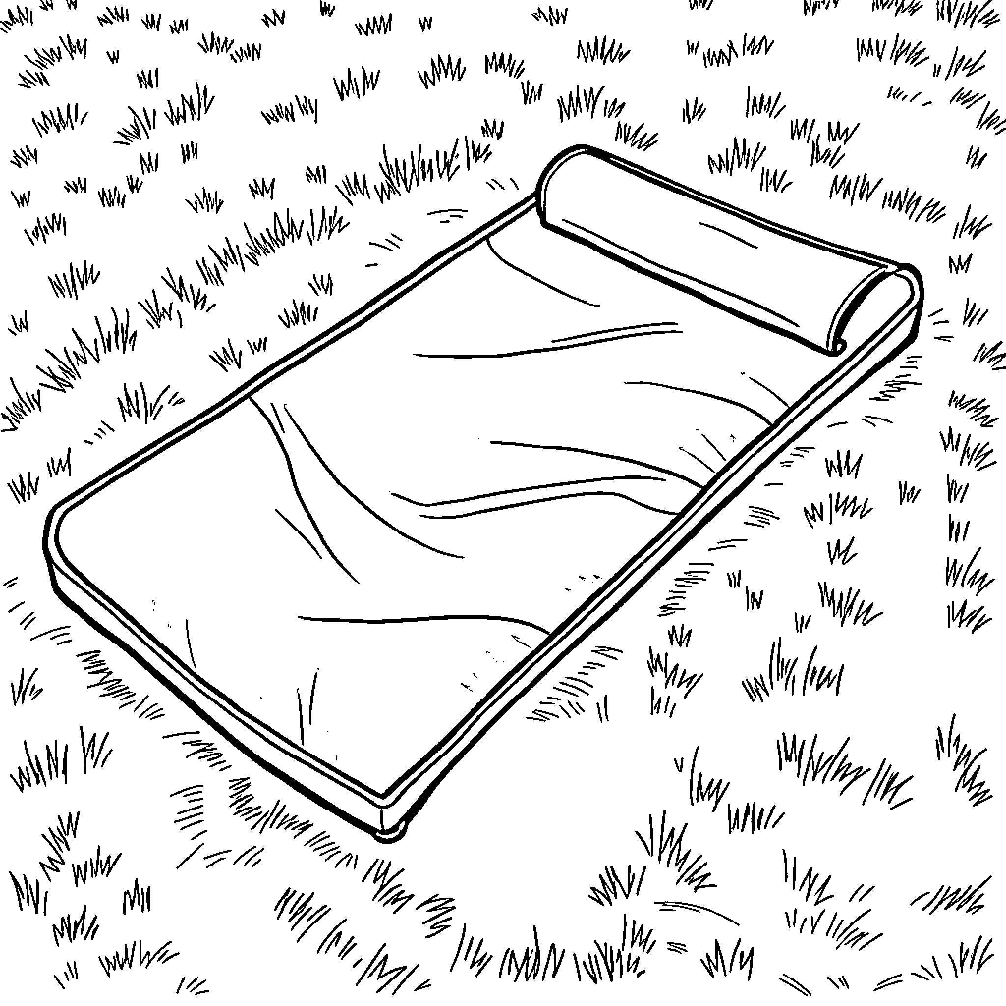 Mattress resting in grassy field Coloring Page (free black-and-white line drawing printable PDF for all, from beginners to advanced learners, including children, teens, adults, and seniors)