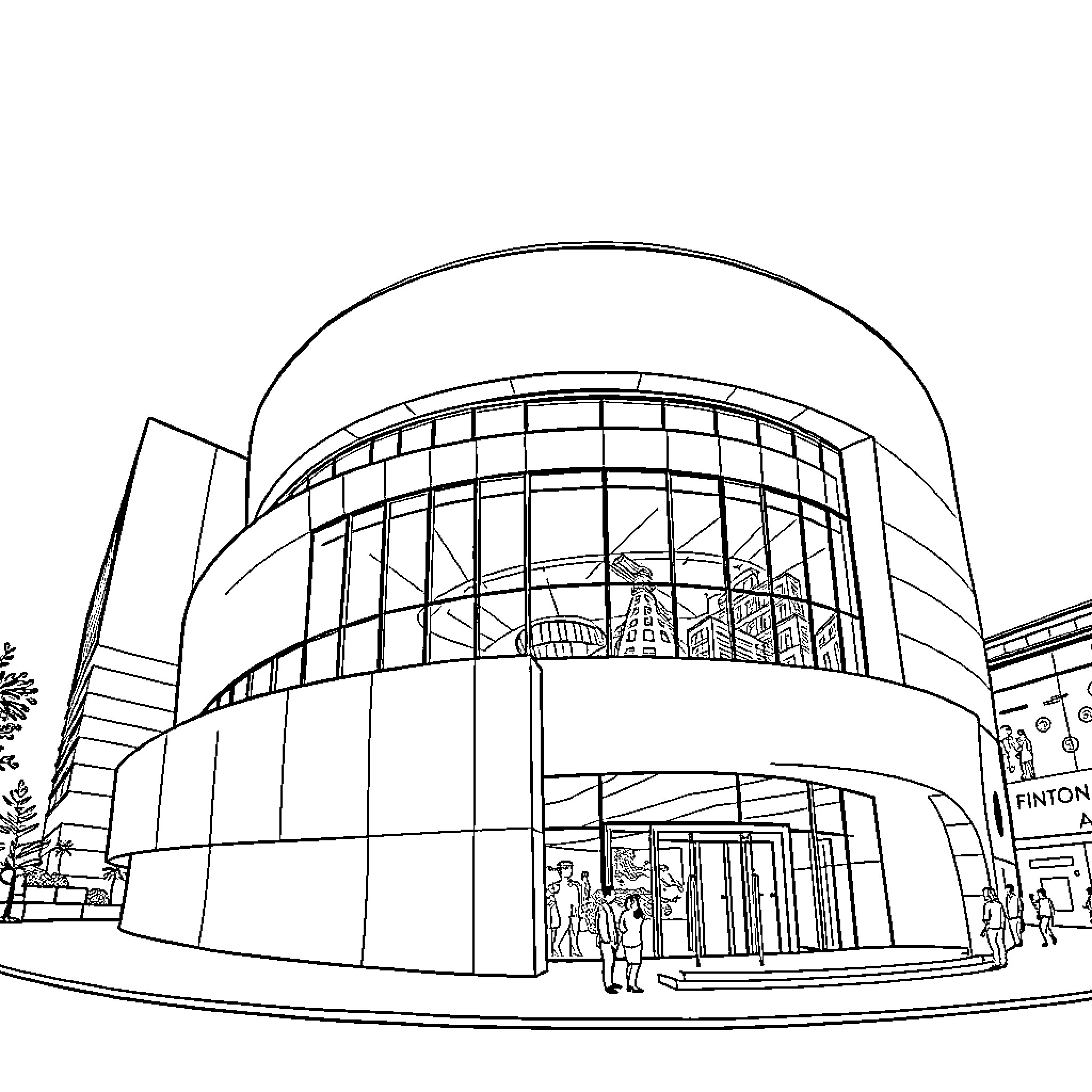 Guggenheim Museum with visitors and architectural details Coloring Page (free black-and-white line drawing printable PDF for all, from beginners to advanced learners, including children, teens, adults, and seniors)
