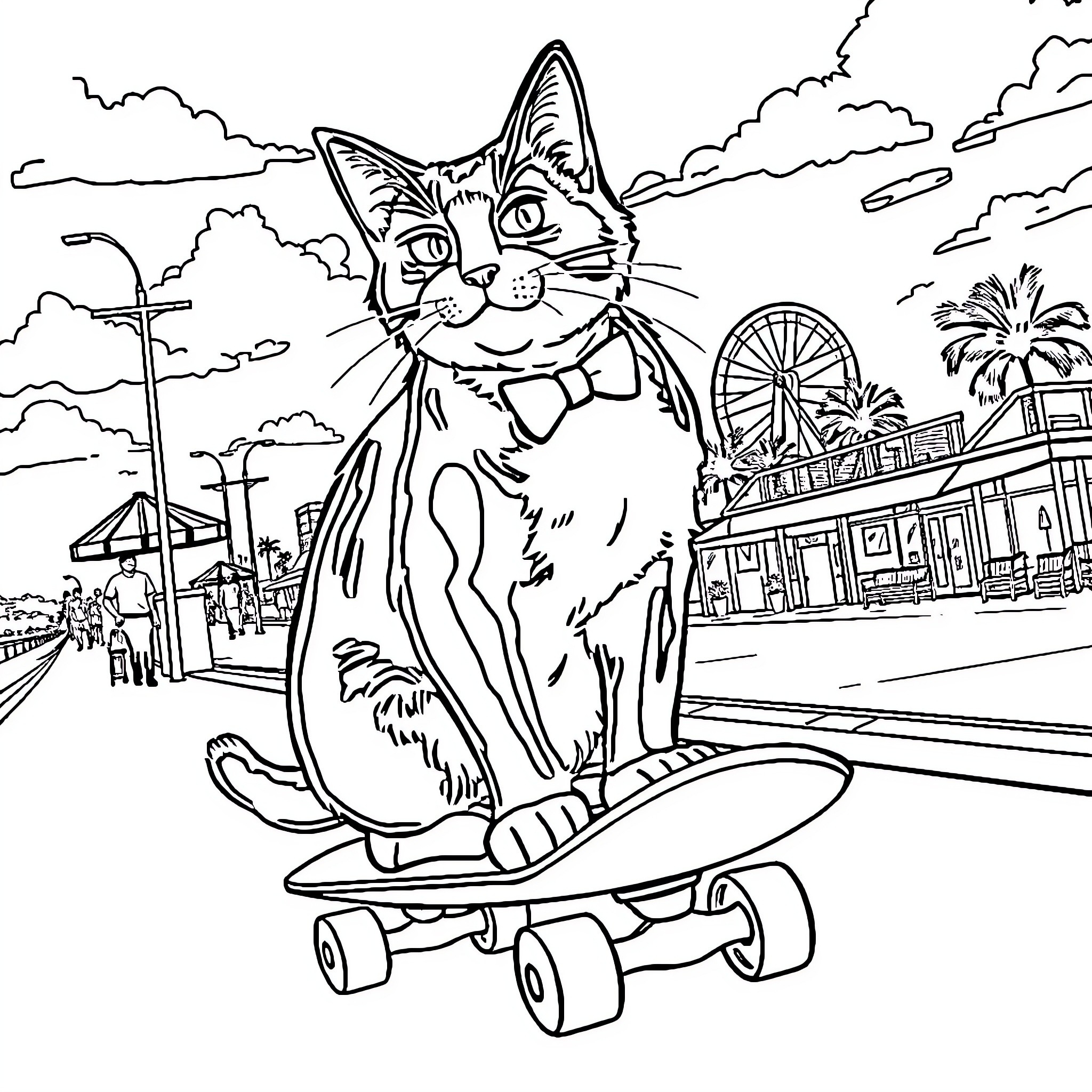 Tuxedo Cat riding a skateboard in an amusement park Coloring Page (free black-and-white line drawing printable PDF for all, from beginners to advanced learners, including children, teens, adults, and seniors)
