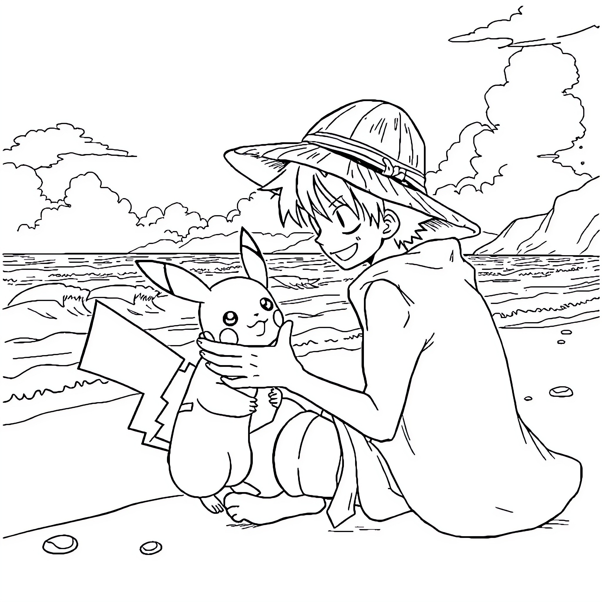 Luffy's beach adventure with Pikachu Coloring Page (free black-and-white line drawing printable PDF for all, from beginners to advanced learners, including children, teens, adults, and seniors)