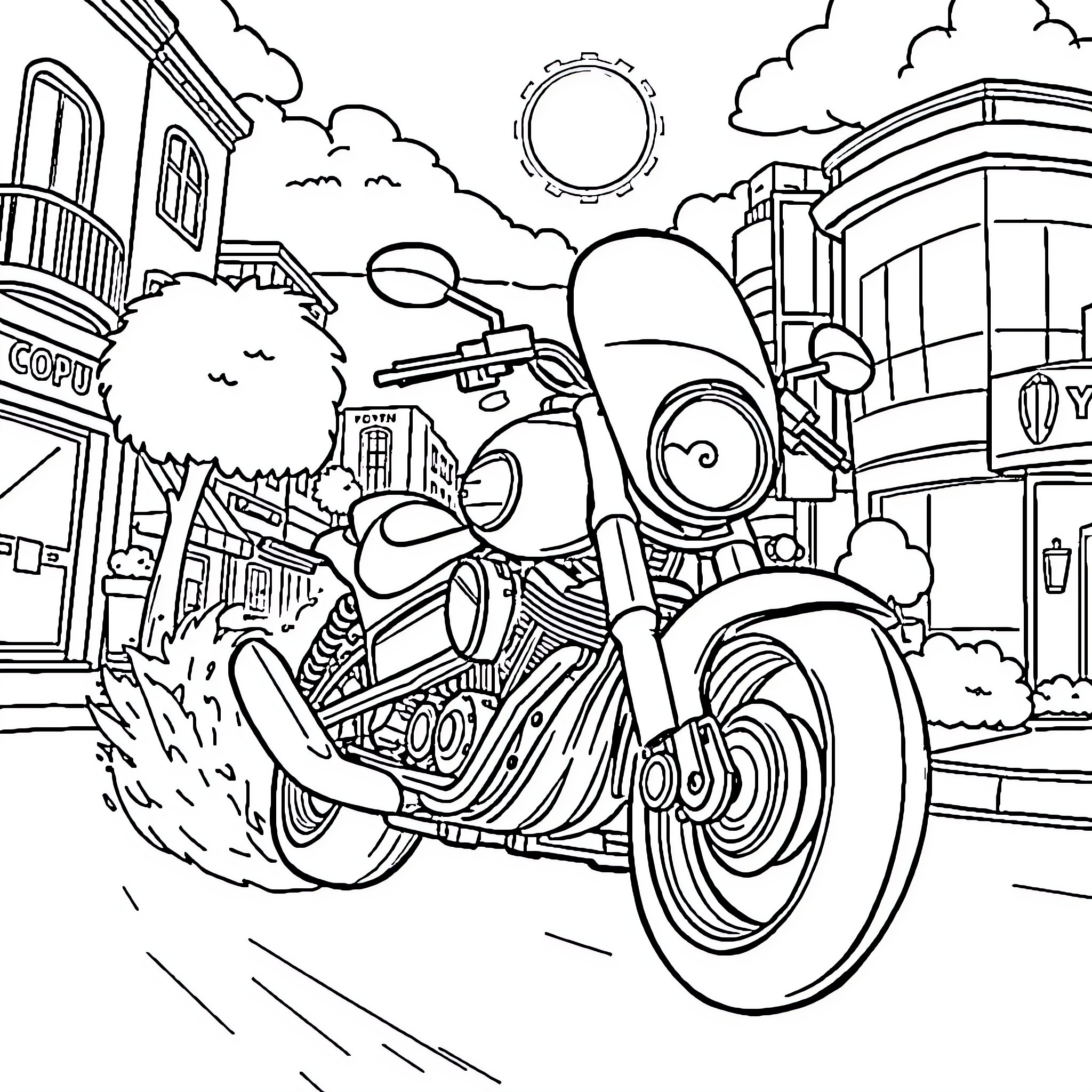 Motorcycle on a city street with buildings and clouds Coloring Page (free black-and-white line drawing printable PDF for all, from beginners to advanced learners, including children, teens, adults, and seniors)