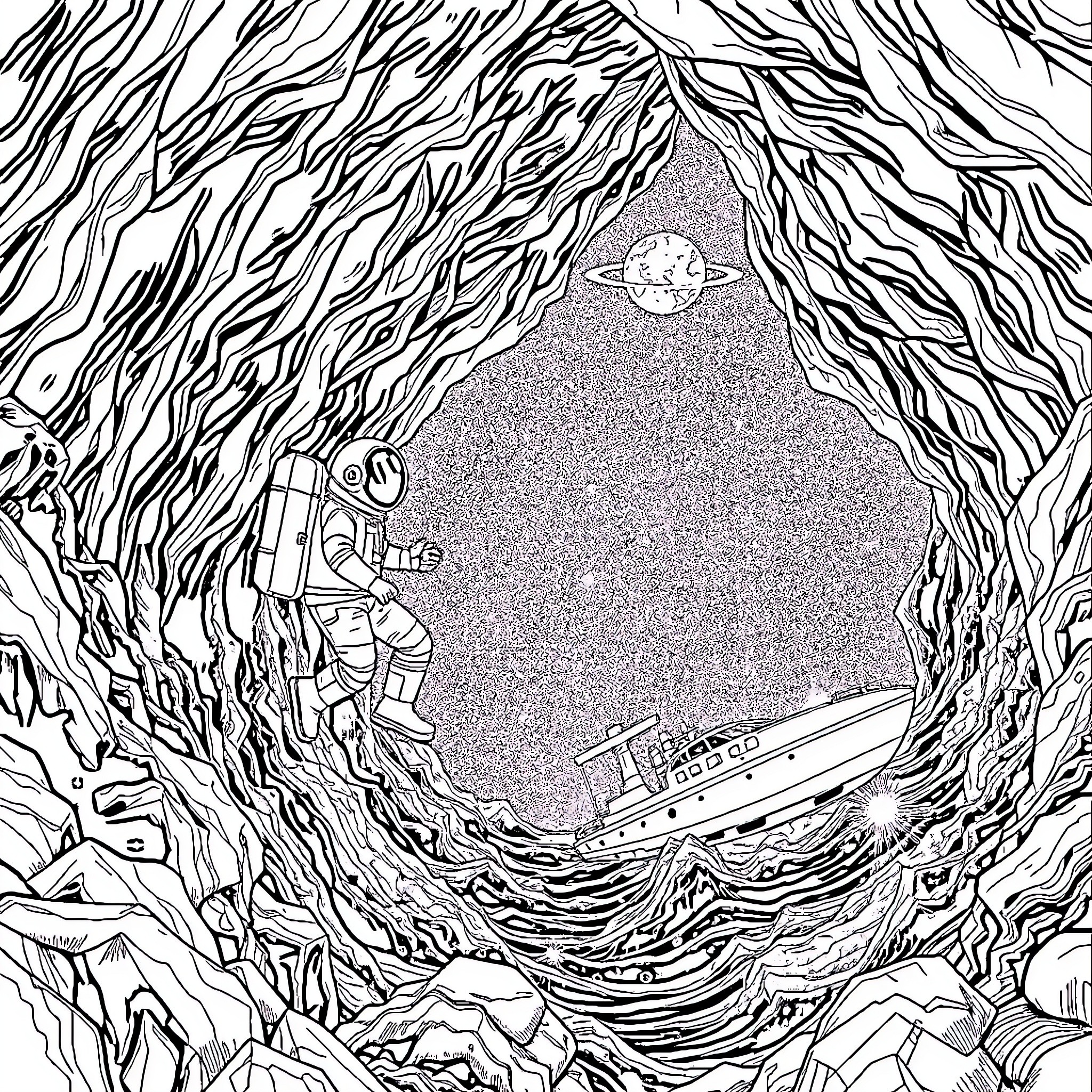 Astronaut exploring mysterious alien landscape Coloring Page (free black-and-white line drawing printable PDF for all, from beginners to advanced learners, including children, teens, adults, and seniors)