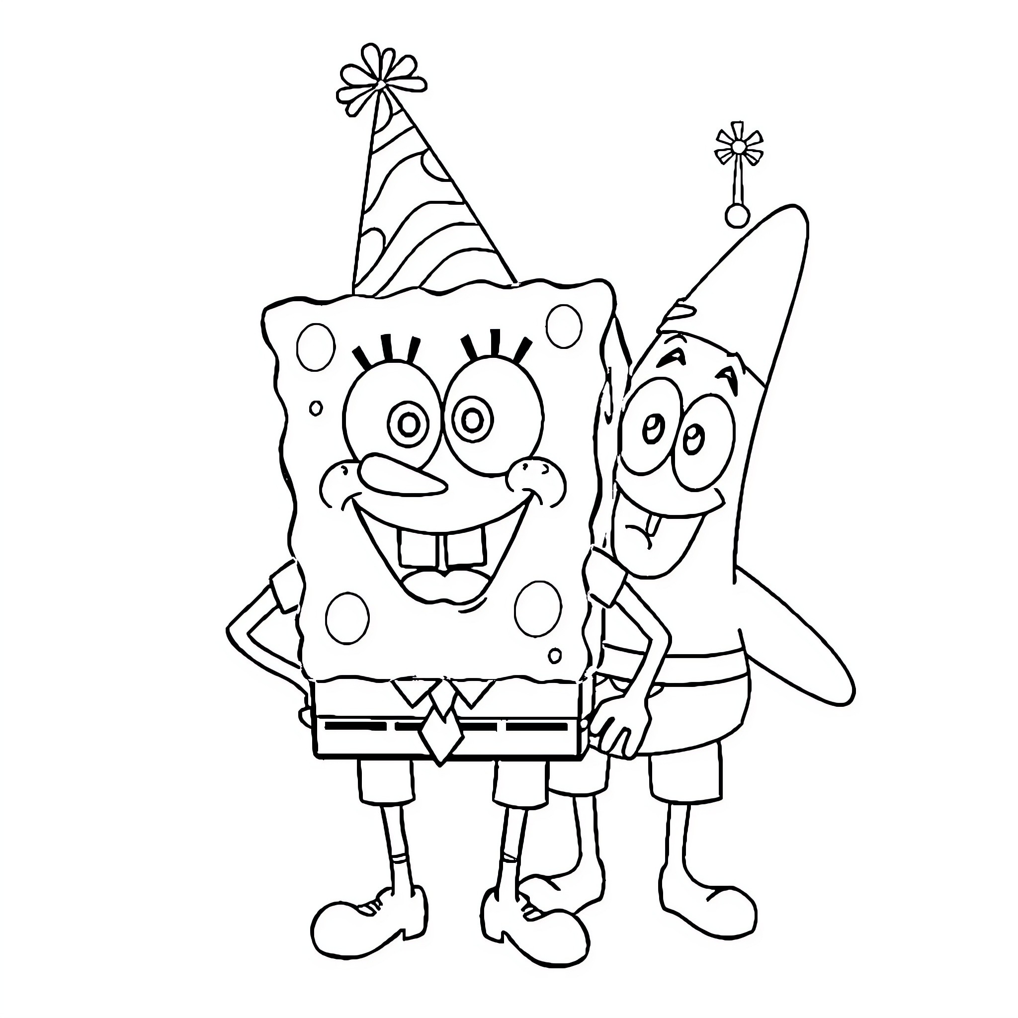 Spongebob and Patrick Celebrating in Party Hats Coloring Page (free black-and-white line drawing printable PDF for all, from beginners to advanced learners, including children, teens, adults, and seniors)