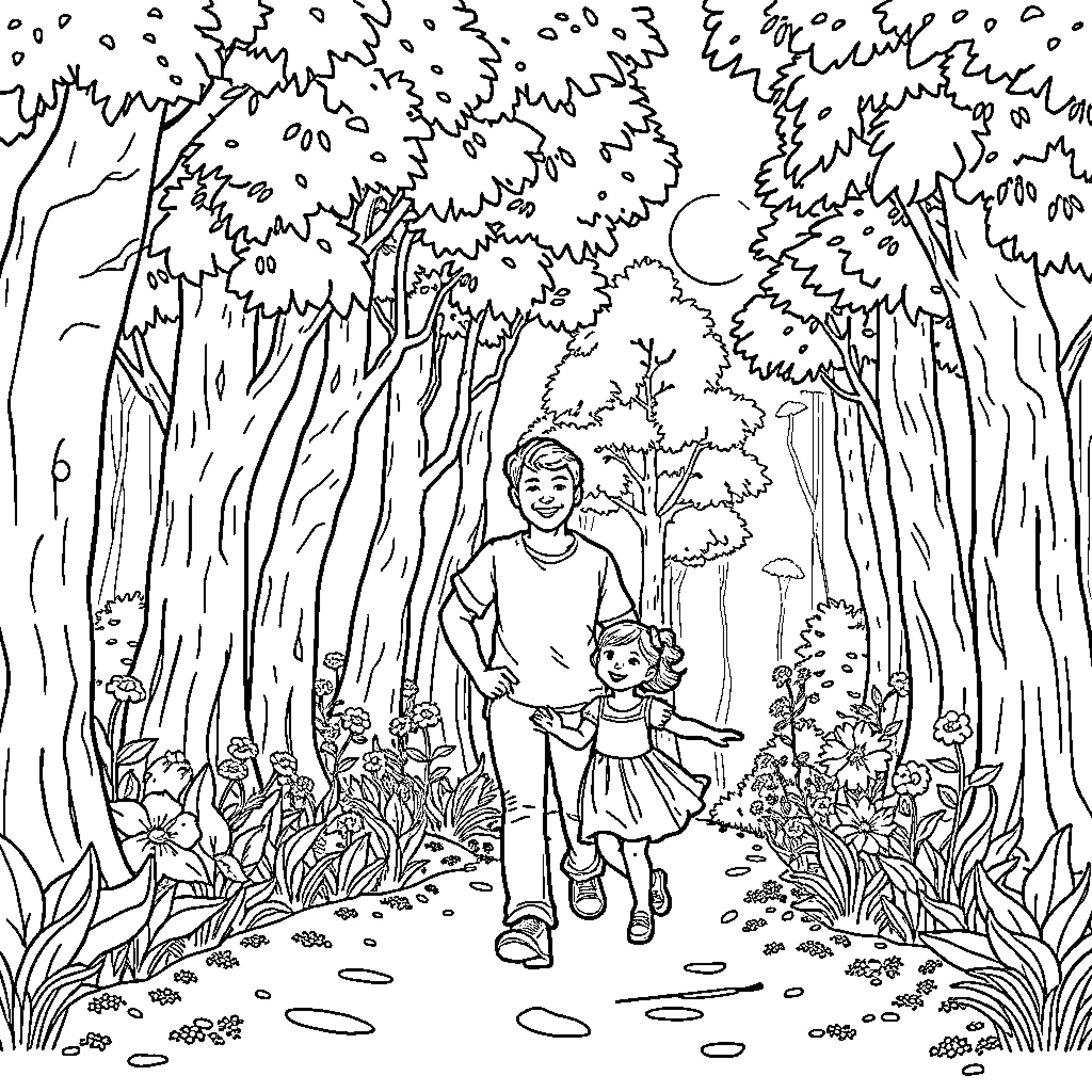 Father and child walking through the forest Coloring Page (free black-and-white line drawing printable PDF for all, from beginners to advanced learners, including children, teens, adults, and seniors)