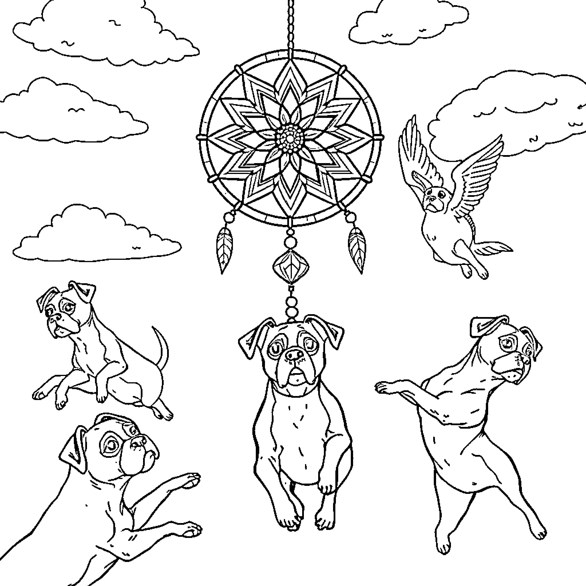 Dream Catcher with Playful Pups and Ethereal Companion Coloring Page (free black-and-white line drawing printable PDF for all, from beginners to advanced learners, including children, teens, adults, and seniors)
