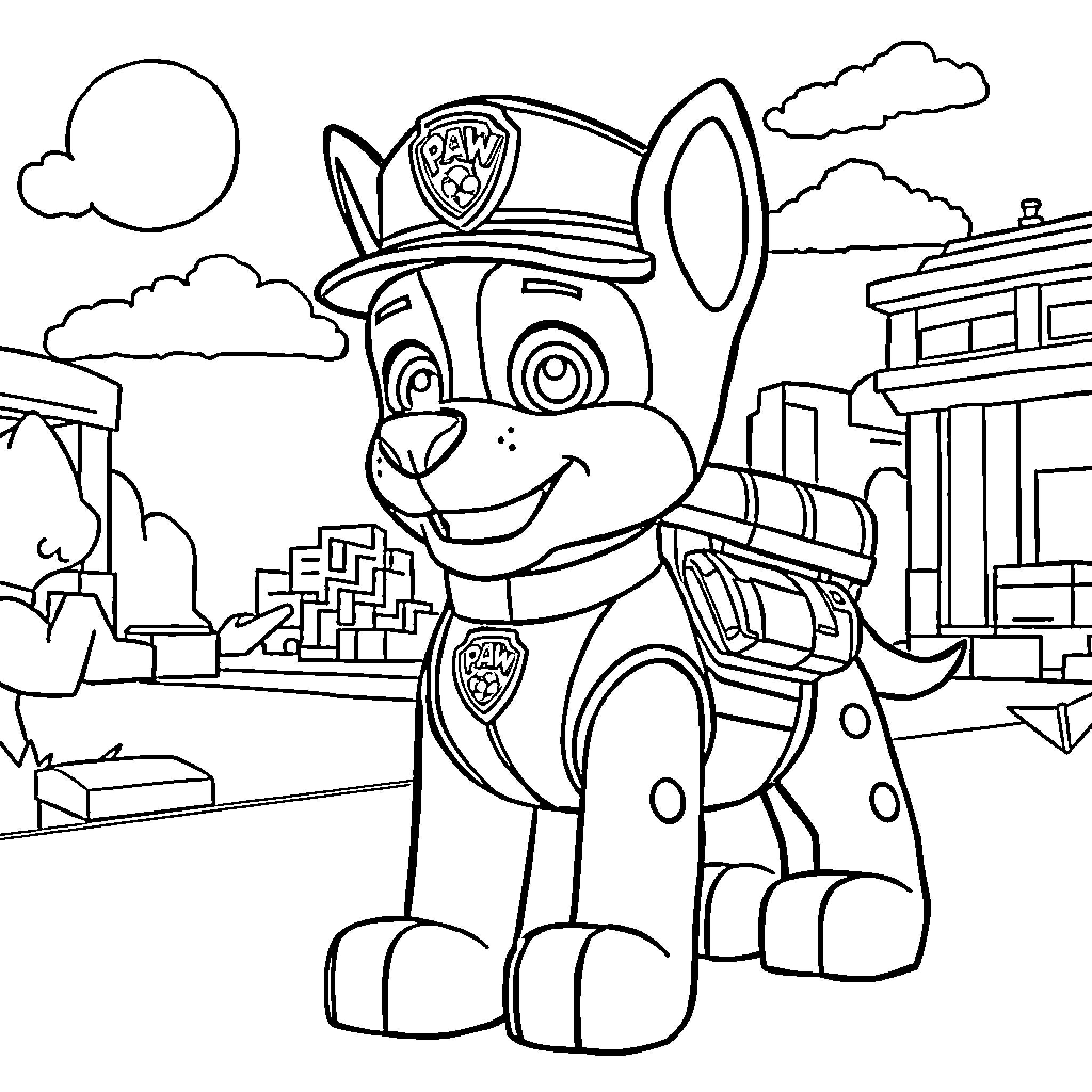 Chase the Paw Patrol Pup on Duty Coloring Page (free black-and-white line drawing printable PDF for all, from beginners to advanced learners, including children, teens, adults, and seniors)
