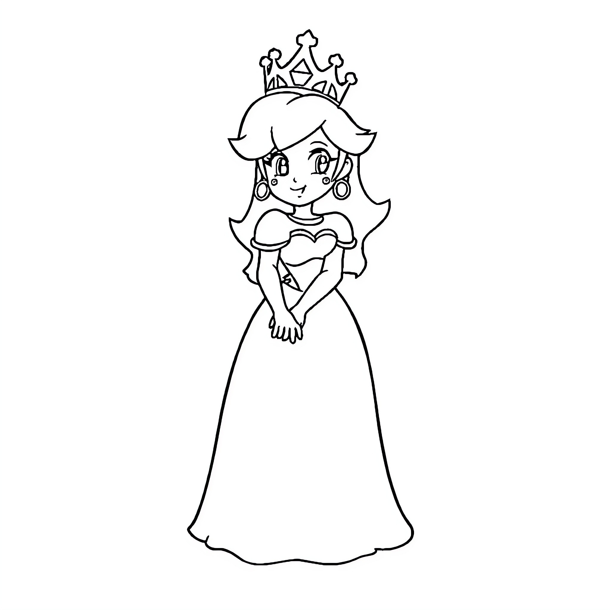 Princess Peach in her elegant royal attire Coloring Page (free black-and-white line drawing printable PDF for all, from beginners to advanced learners, including children, teens, adults, and seniors)