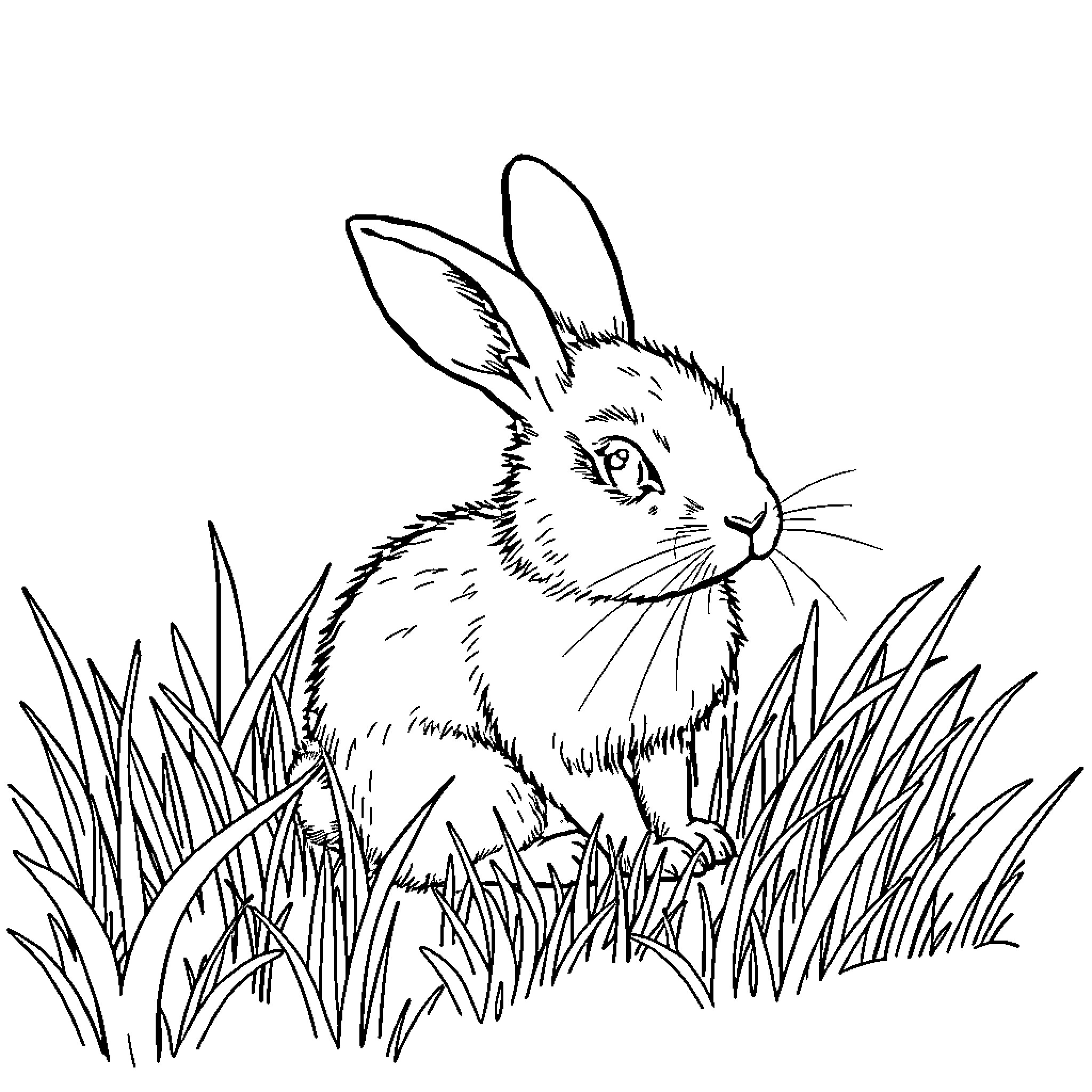 Rabbit sitting calmly in the grass Coloring Page (free black-and-white line drawing printable PDF for all, from beginners to advanced learners, including children, teens, adults, and seniors)