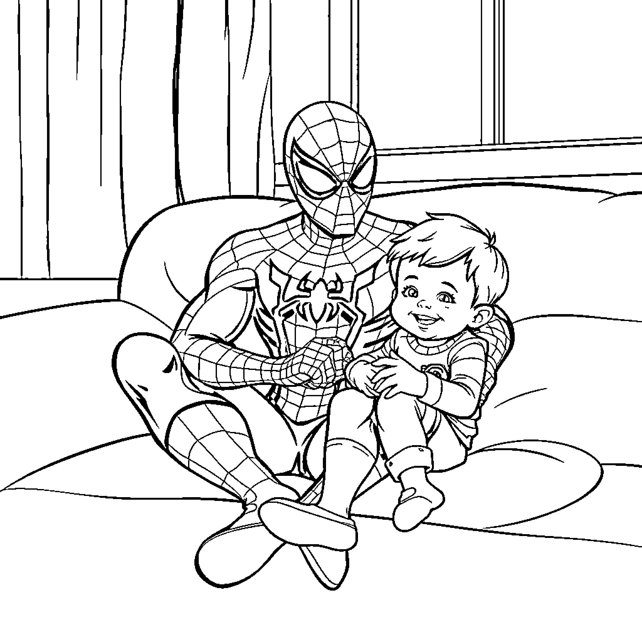 Spider-Man comforting a young child Coloring Page (free black-and-white line drawing printable PDF for all, from beginners to advanced learners, including children, teens, adults, and seniors)