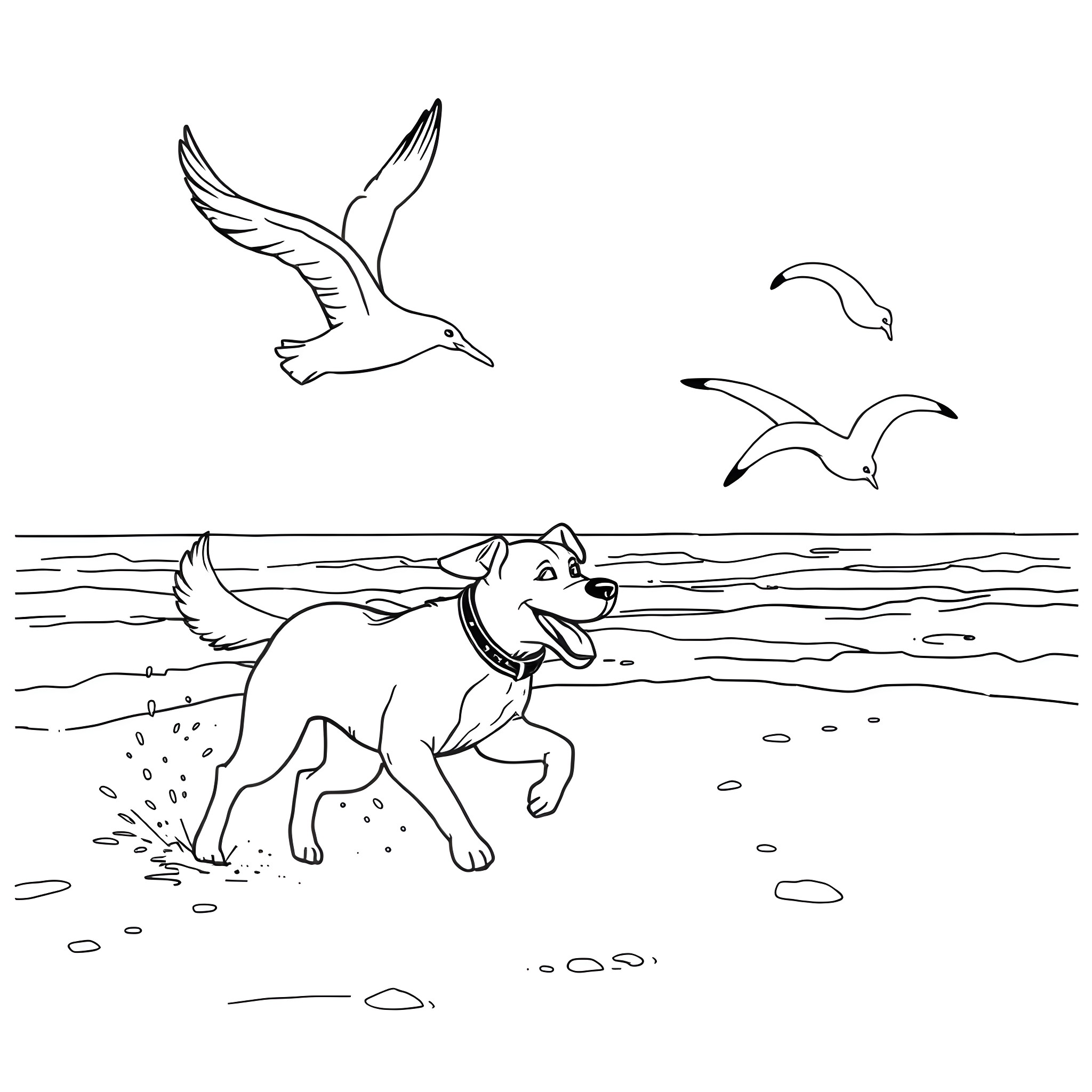 Bluey playing joyfully on the beach with seagulls Coloring Page (free black-and-white line drawing printable PDF for all, from beginners to advanced learners, including children, teens, adults, and seniors)