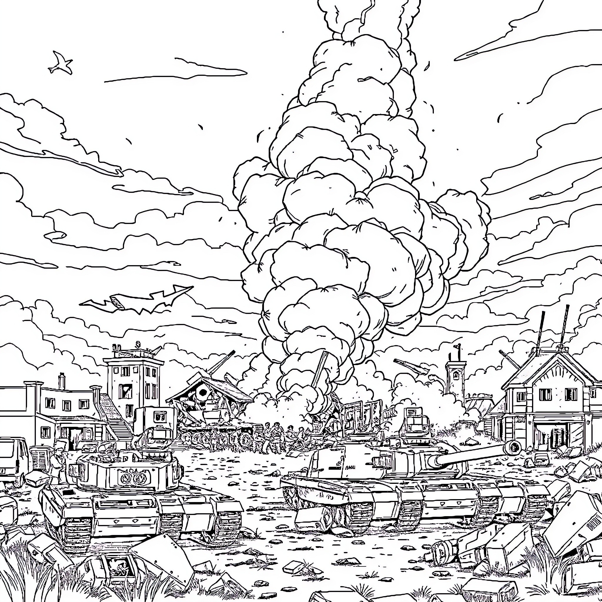 Army Base Battle Scene with Explosions and Tanks Coloring Page (free black-and-white line drawing printable PDF for all, from beginners to advanced learners, including children, teens, adults, and seniors)