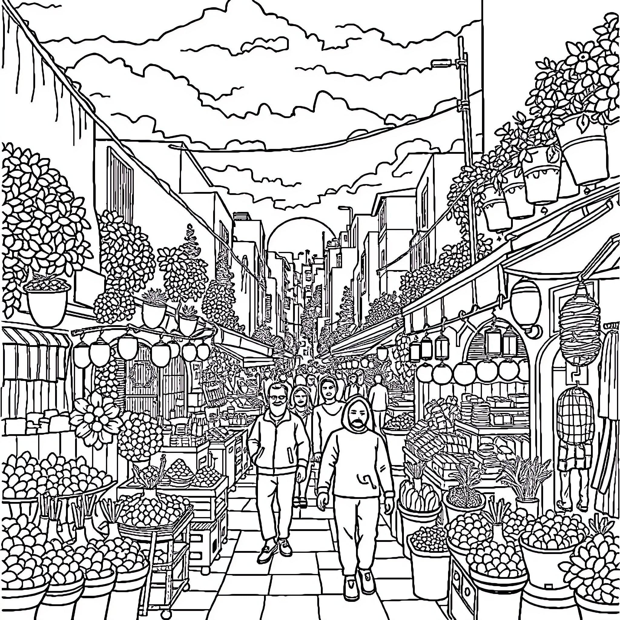 Israel's Vibrant Market Scene with Bustling Crowds Coloring Page (free black-and-white line drawing printable PDF for all, from beginners to advanced learners, including children, teens, adults, and seniors)