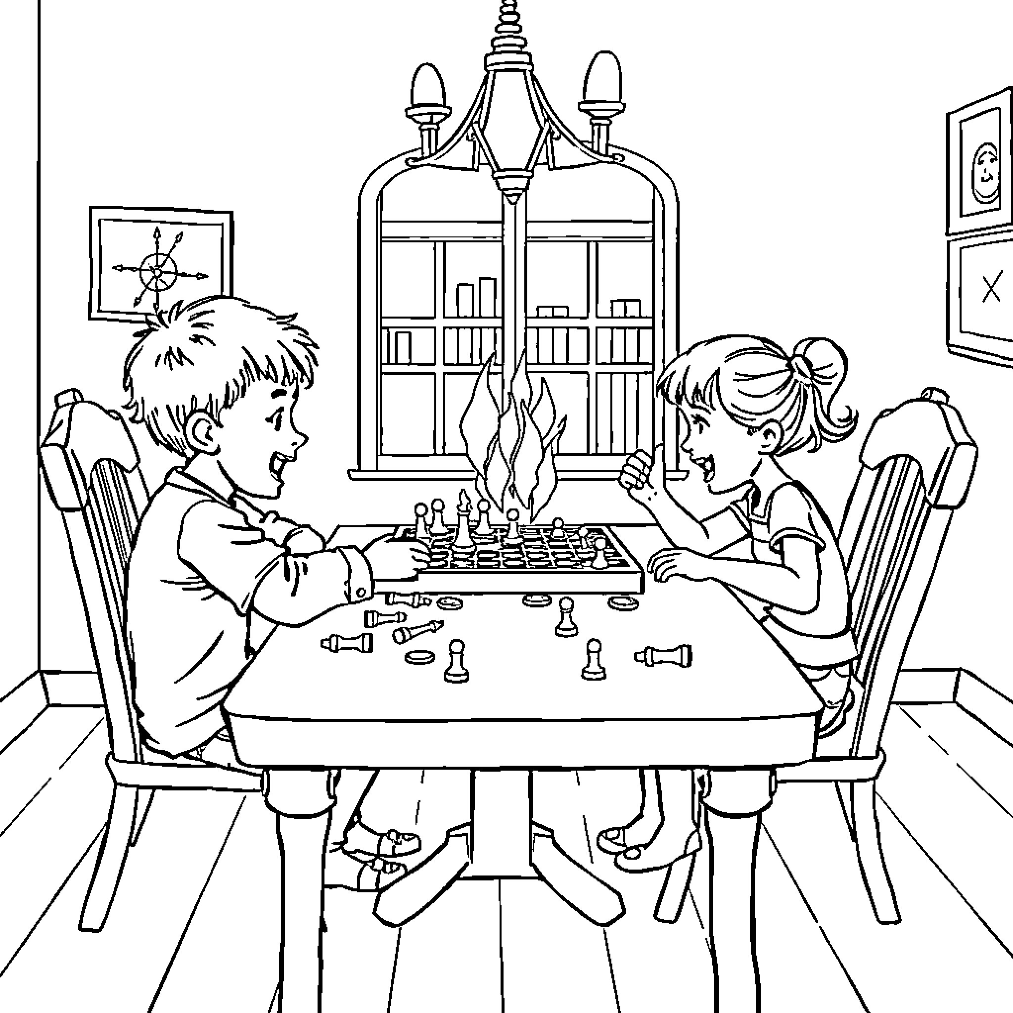Siblings Enjoying a Friendly Chess Match Coloring Page (free black-and-white line drawing printable PDF for all, from beginners to advanced learners, including children, teens, adults, and seniors)