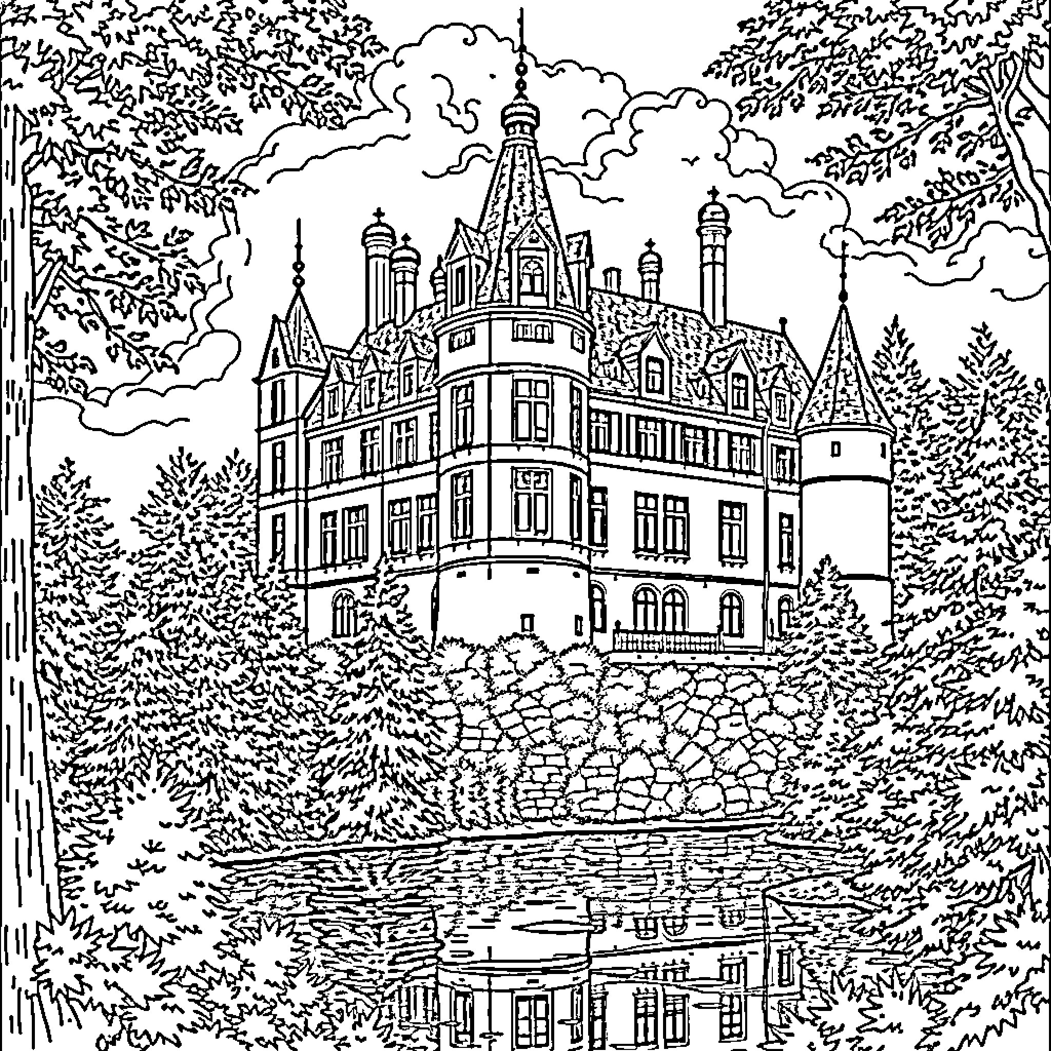 Hogwarts Castle in a Mystical Forest Landscape Coloring Page (free black-and-white line drawing printable PDF for all, from beginners to advanced learners, including children, teens, adults, and seniors)