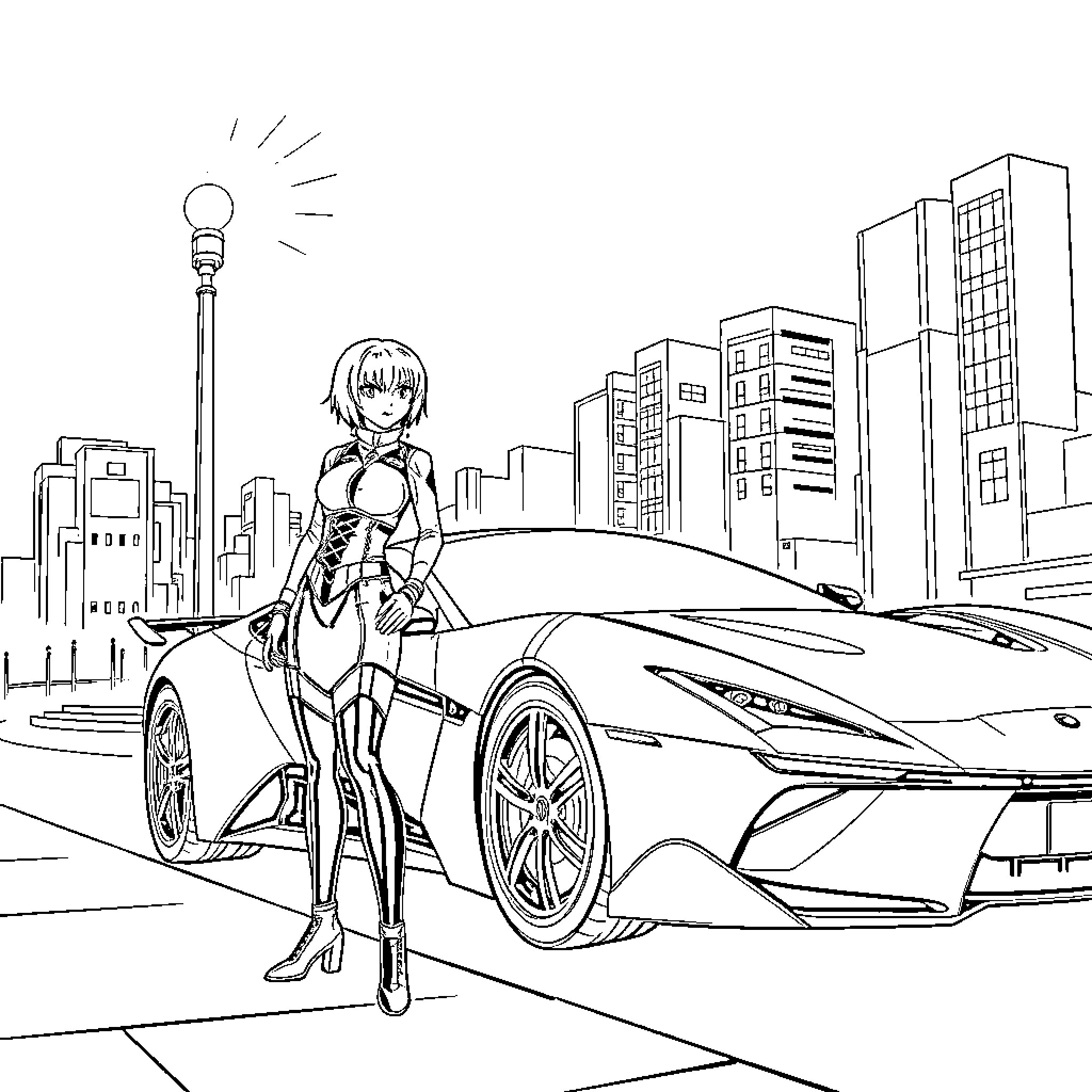 Motoko exploring the city in her sleek attire Coloring Page (free black-and-white line drawing printable PDF for all, from beginners to advanced learners, including children, teens, adults, and seniors)