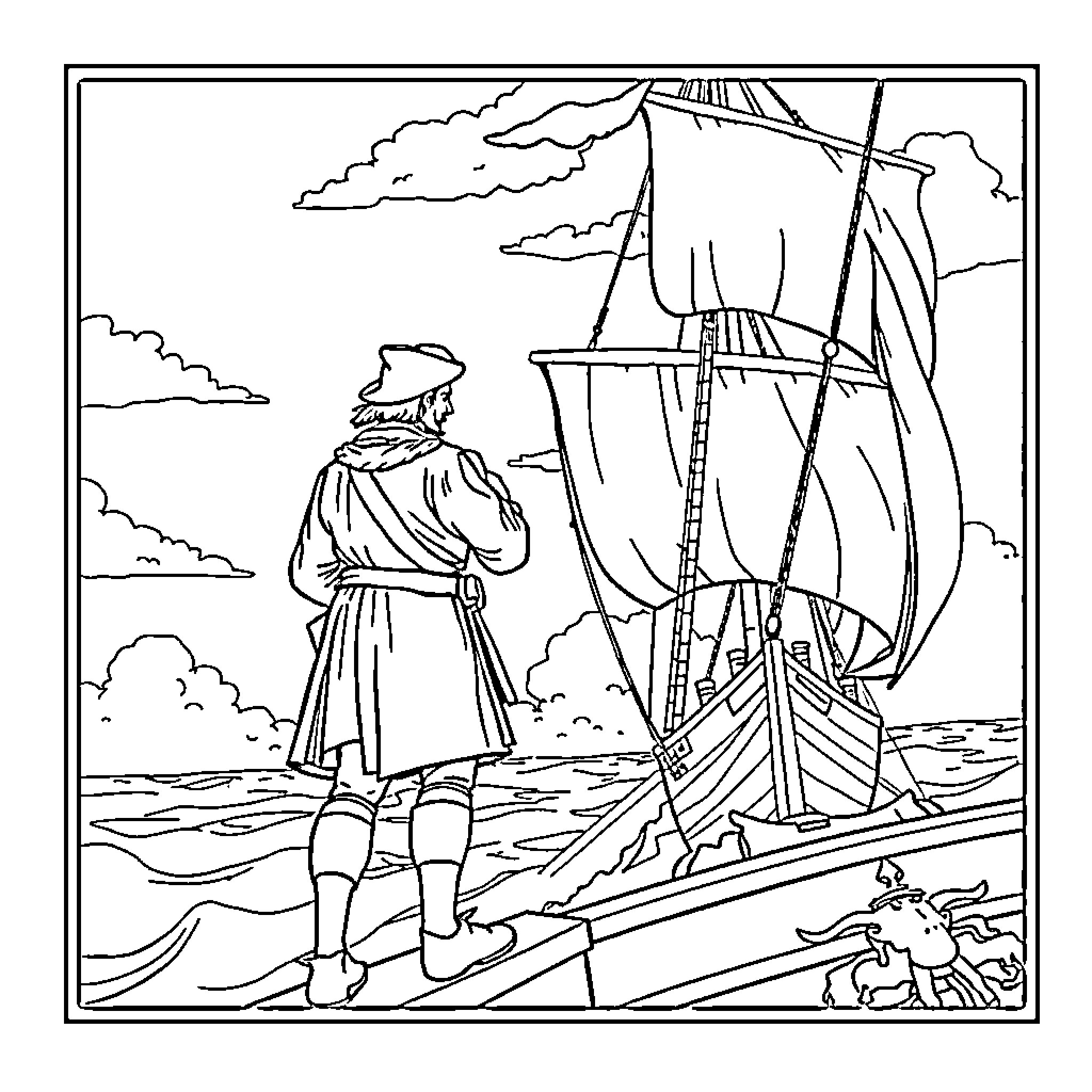 Explorer gazes out at sea from ship deck Coloring Page (free black-and-white line drawing printable PDF for all, from beginners to advanced learners, including children, teens, adults, and seniors)