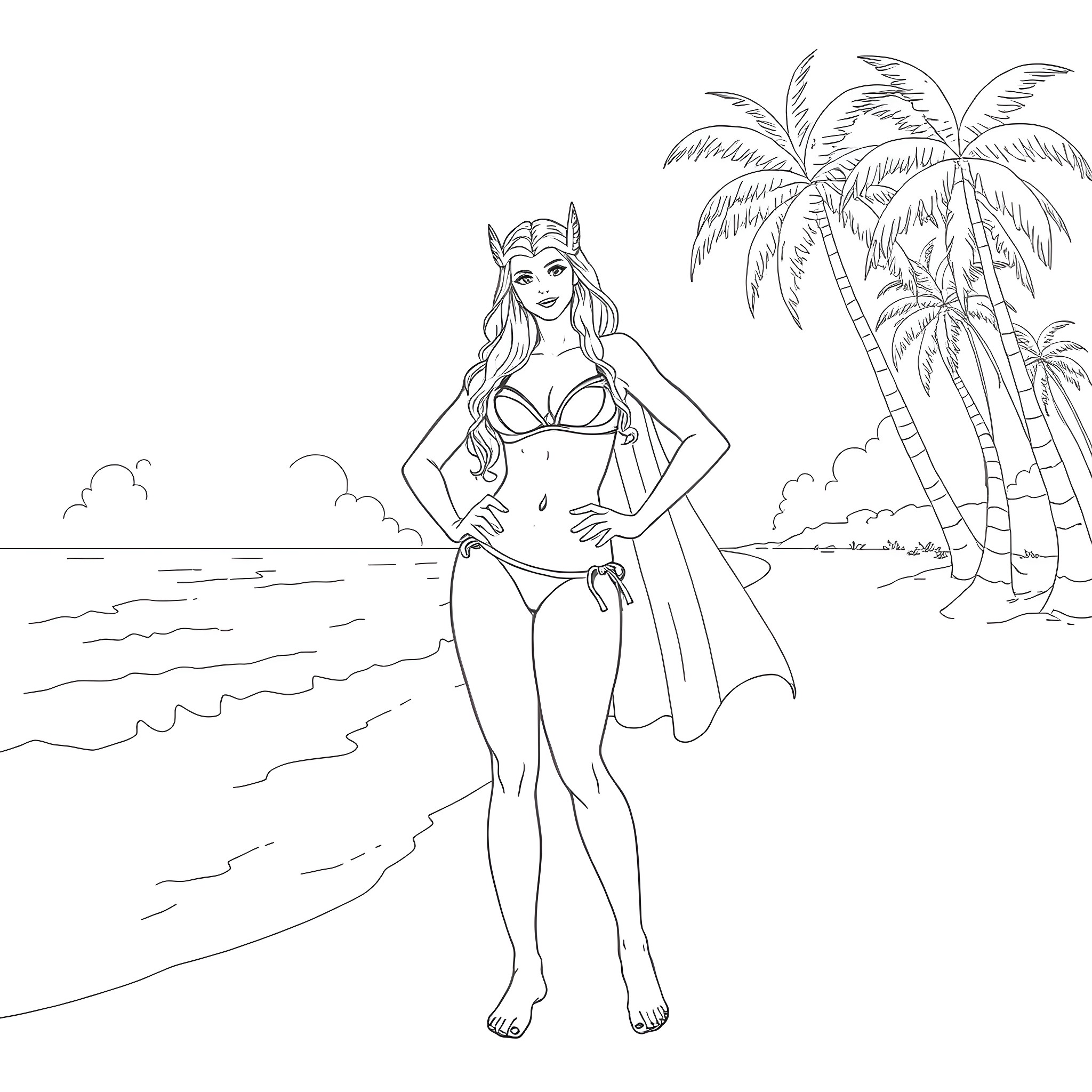 Thor's Tropical Adventure on the Beach Coloring Page (free black-and-white line drawing printable PDF for all, from beginners to advanced learners, including children, teens, adults, and seniors)