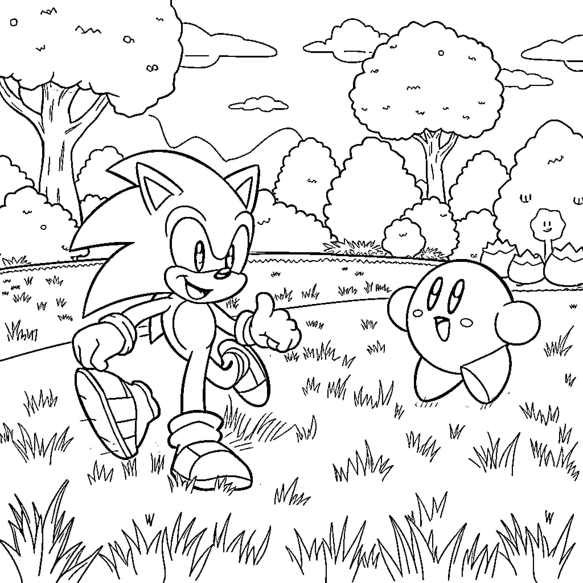 Sonic chasing Kirby in a lush natural setting Coloring Page (free black-and-white line drawing printable PDF for all, from beginners to advanced learners, including children, teens, adults, and seniors)