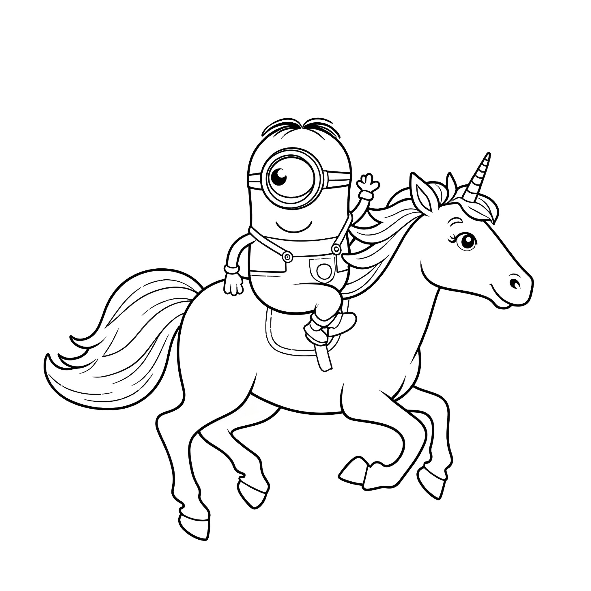 Minion riding a unicorn in a fun adventure Coloring Page (free black-and-white line drawing printable PDF for all, from beginners to advanced learners, including children, teens, adults, and seniors)