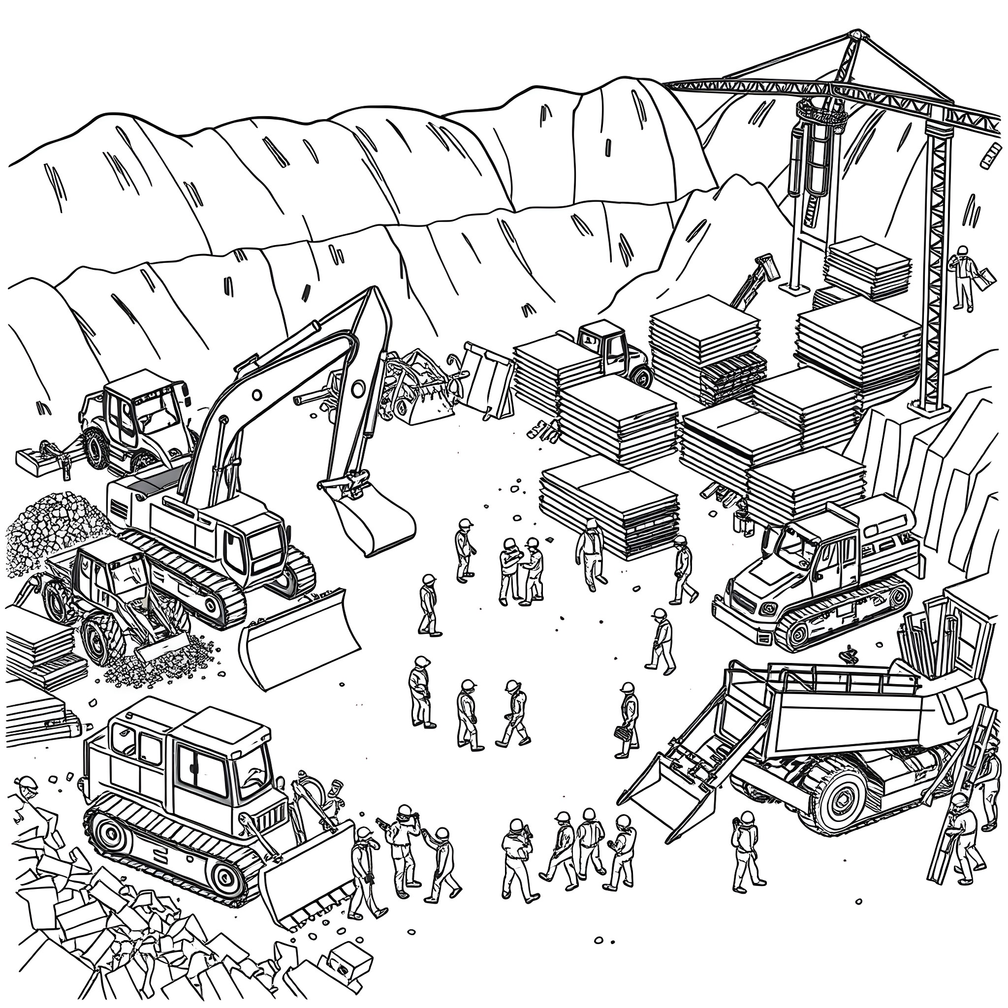 Construction Vehicle Operated by Workers in Building Site Coloring Page (free black-and-white line drawing printable PDF for all, from beginners to advanced learners, including children, teens, adults, and seniors)